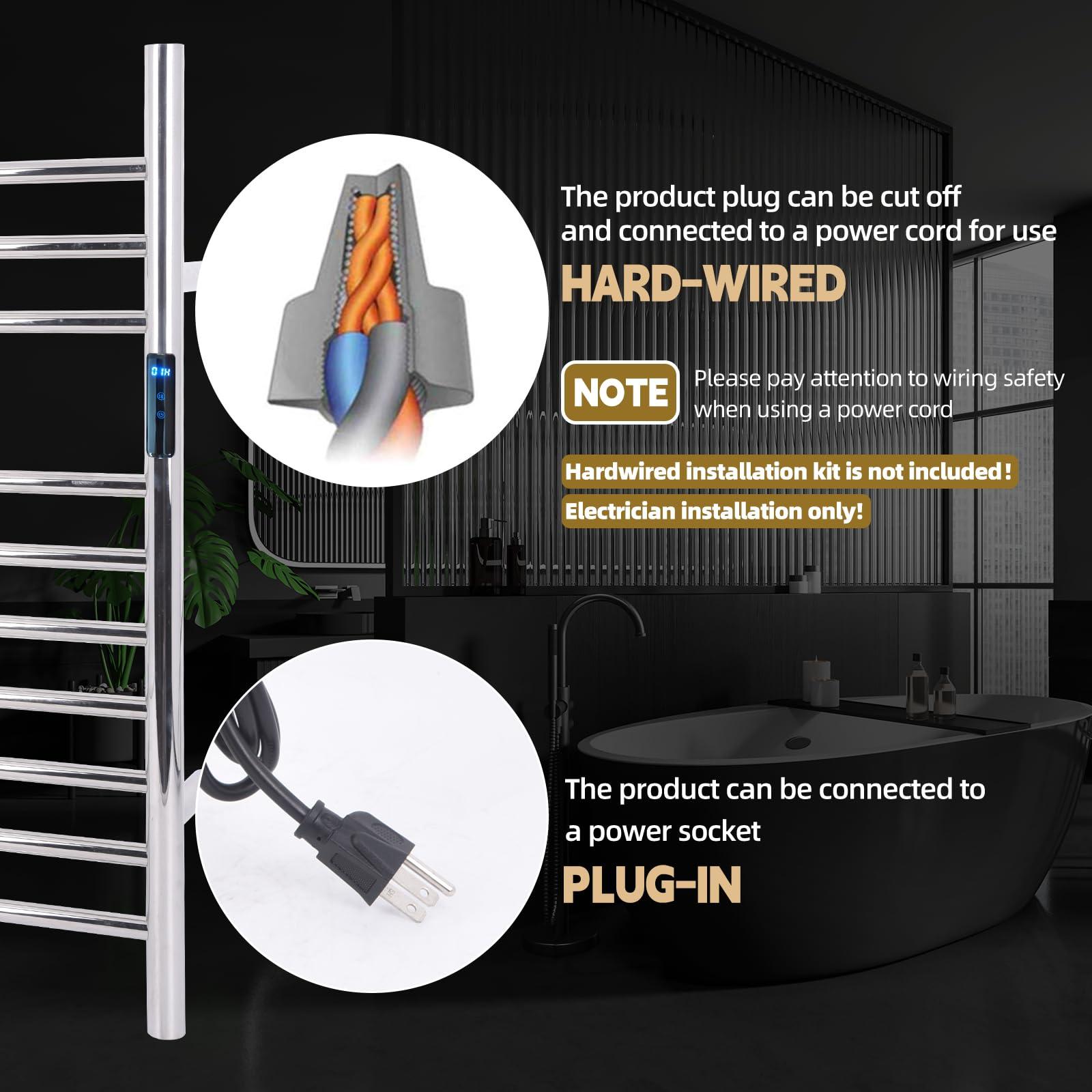 Dawot Dawot 10 Bars Towel Warmer Rack, 23" Electric Wall Mounted Heated Towel Rack with Timer and Temperature Control, Towel Heater Hard Wired/Plug-in Hot Towel Rails for Bathroom, Mirror Polished