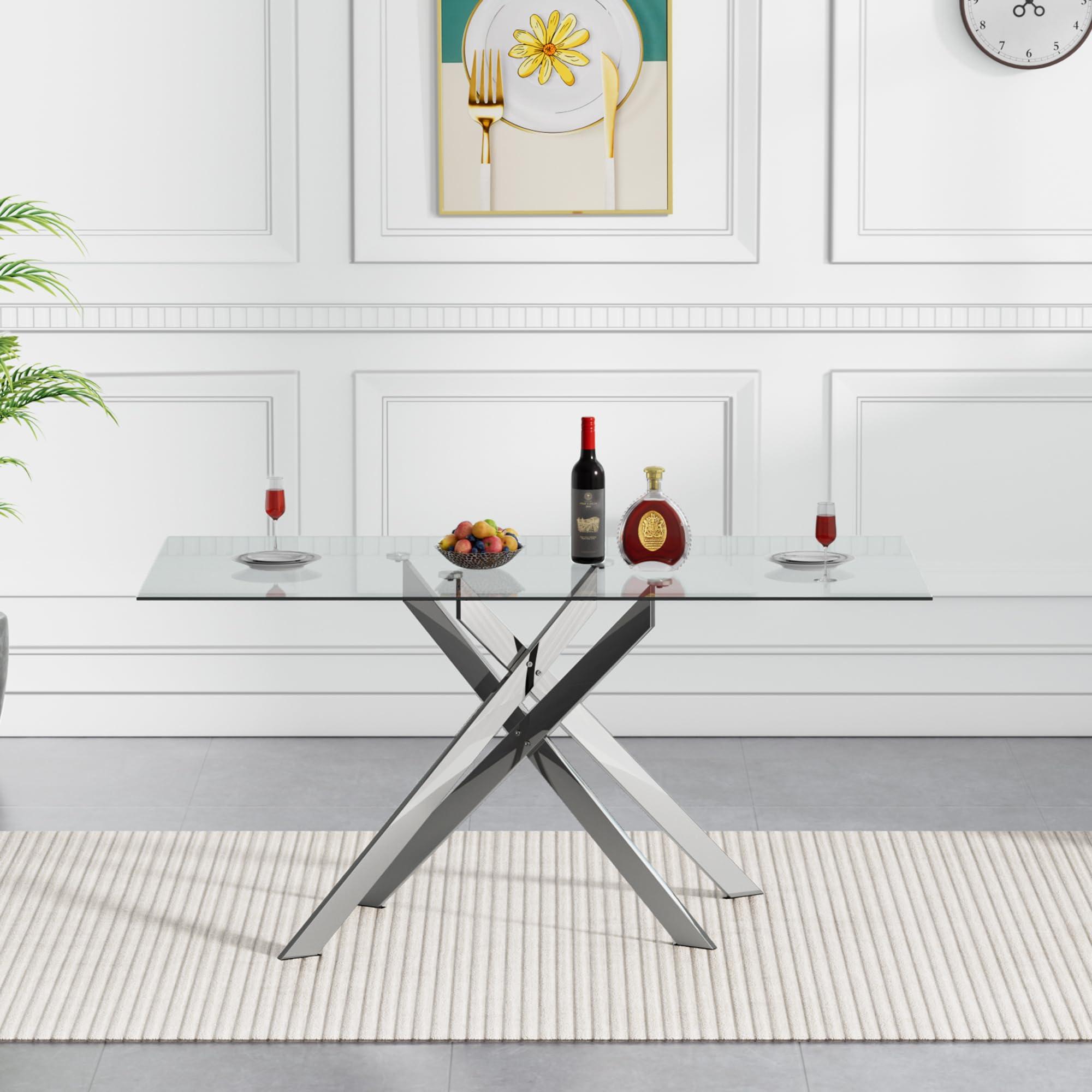 Goujxcy Rectangular Glass Dining Table, Tempered Glass Tabletop and Metal Legs, Modern Style Glass Kitchen Table for Home, Kitchen, Dining Room (Silver, 52\'\')