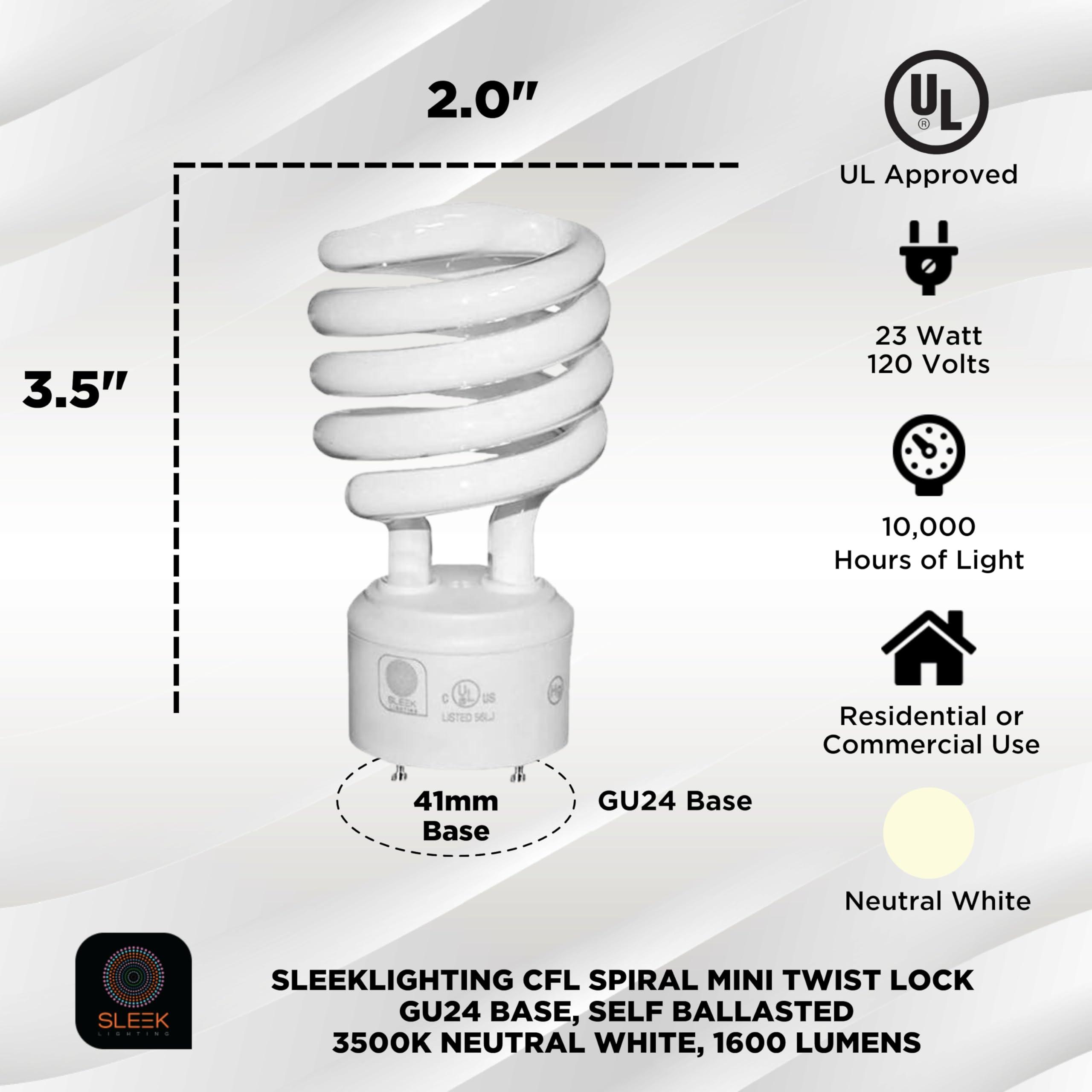 SLEEKLIGHTING SLEEKLIGHTING - 23 Watt GU24 Base 2 Prong Light Bulbs- UL Approved CFL Light bulbs-120v 60Hz - Twist Lock Spiral -Self Ballasted CFL gu24 Light Bulb- 3500K- 1600s Neutral White 4 Pack (100 Watt Equ)