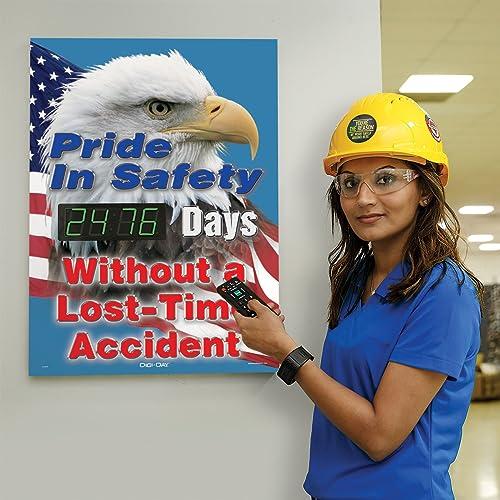 Accuform Accuform SCK109 Aluminum Digi-Day Electronic Safety Scoreboard, \"PRIDE IN SAFETY - #### DAYS WITHOUT A LOST TIME ACCIDENT\" with USA Flag/Eagle Graphics