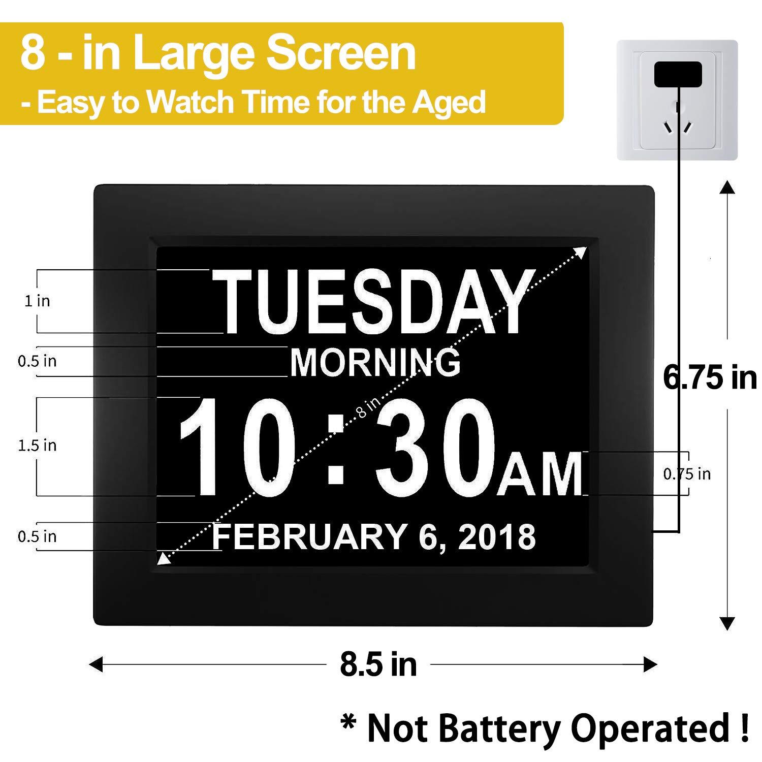 JALL JALL New 2024 Digital Calendar Alarm Day Clock - with 8\" Large Screen Display, am pm, Multiple Alarms, for Impaired Vision People, The Aged Seniors, The Dementia, for Desk, Wall Mounted, Black