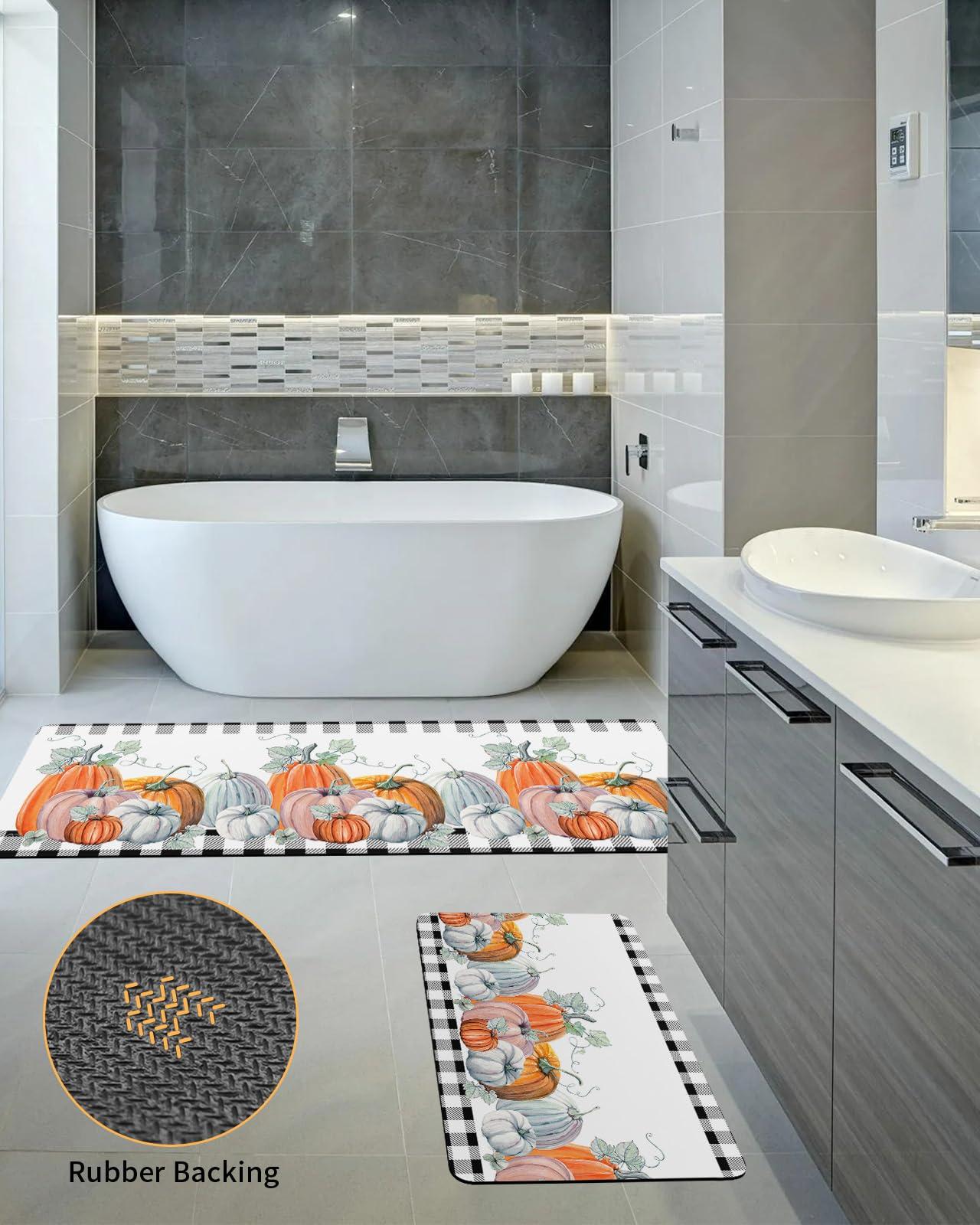 Jolunifun Thanksgiving Pumpkin Bath Mat for Tub,Non Slip Bathroom Floor Runner Rug Quick Dry & Absorbent Diatomaceous Earth Shower Sink Kitchen Washable Doormat,Fall Eucalyptus Buffalo Plaid Check 16x24+16x47