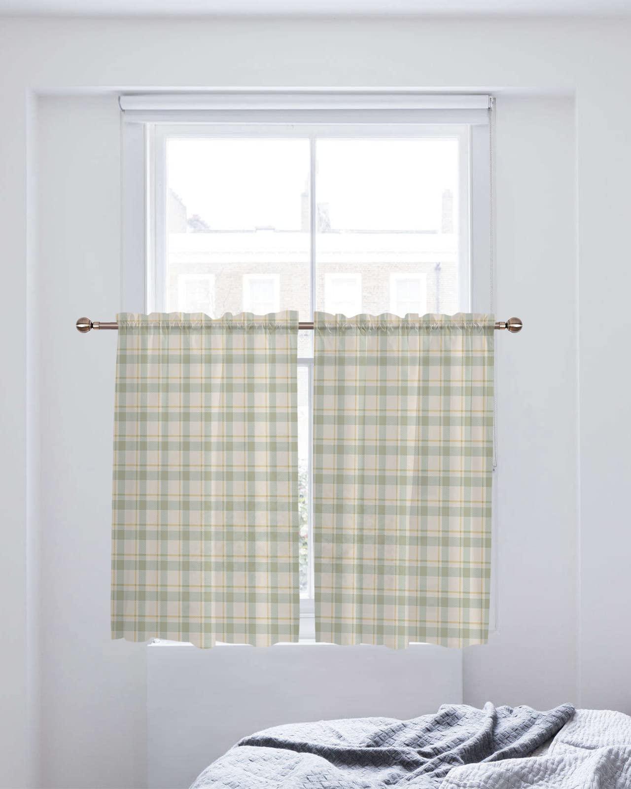 RisQiten RisQiten Teal Yellow Plaid Sheer Curtains for Bathroom Curtains 2 Panels Set 54 Inch Length, Simple Cream Green Yellow Geometric Checkered Window Curtains Drapes Privacy Panel Curtain for Bedroom