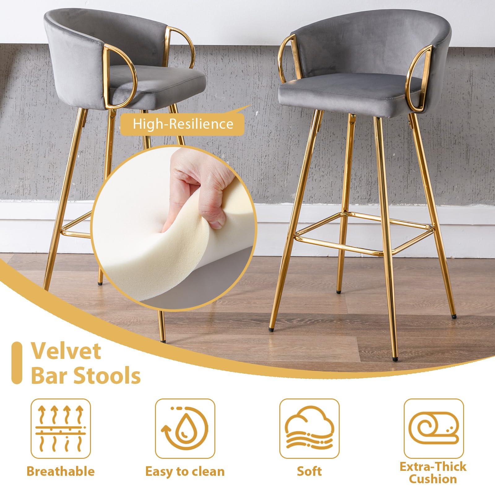 binzida binzida Bar Stools Set of 4, 26 Inch Counter Height Bar Stools Velvet Low Back Chair with Golden Armrest for Kitchen Island/Home Bar/Dining Room (Gray)