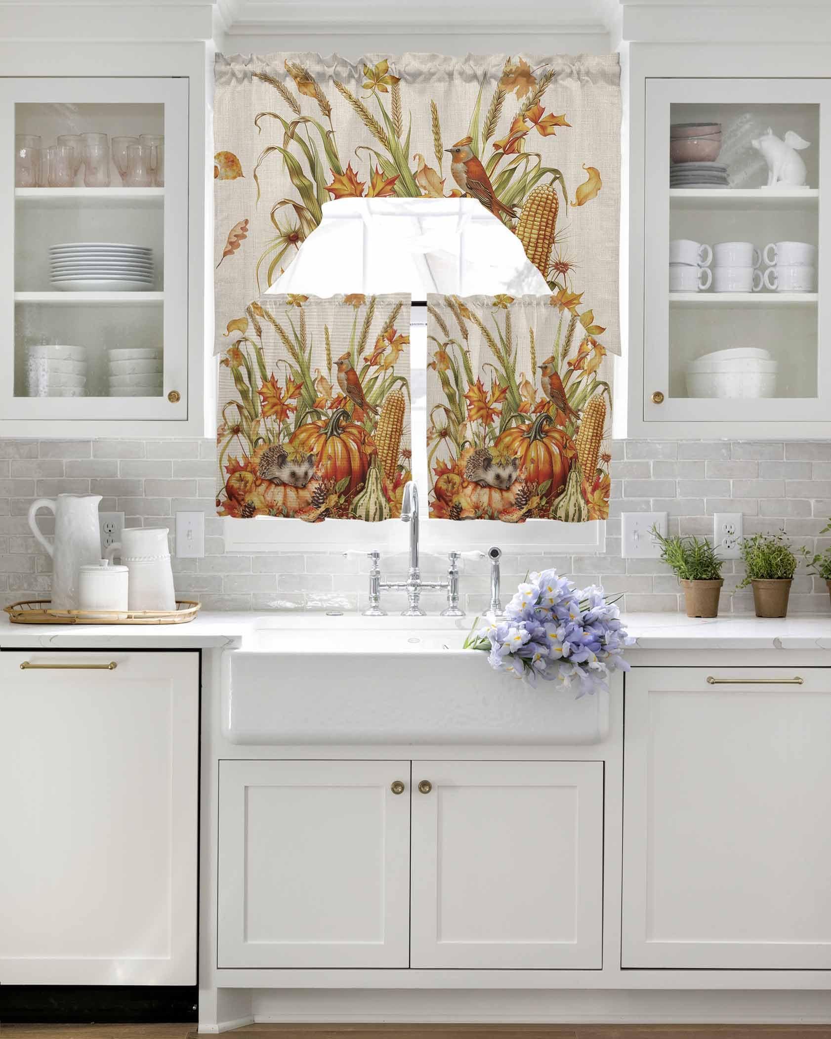 Onekaccu Fall Pumpkins Swag Curtains Valance and Tier Set,Rod Pocket Curtain Drapes for Bathroom Over Sink Kitchen Curtains 3 Piece Set Thanksgiving Autumn Orange Beige Wheat Swag Valances 24 inches Tiers