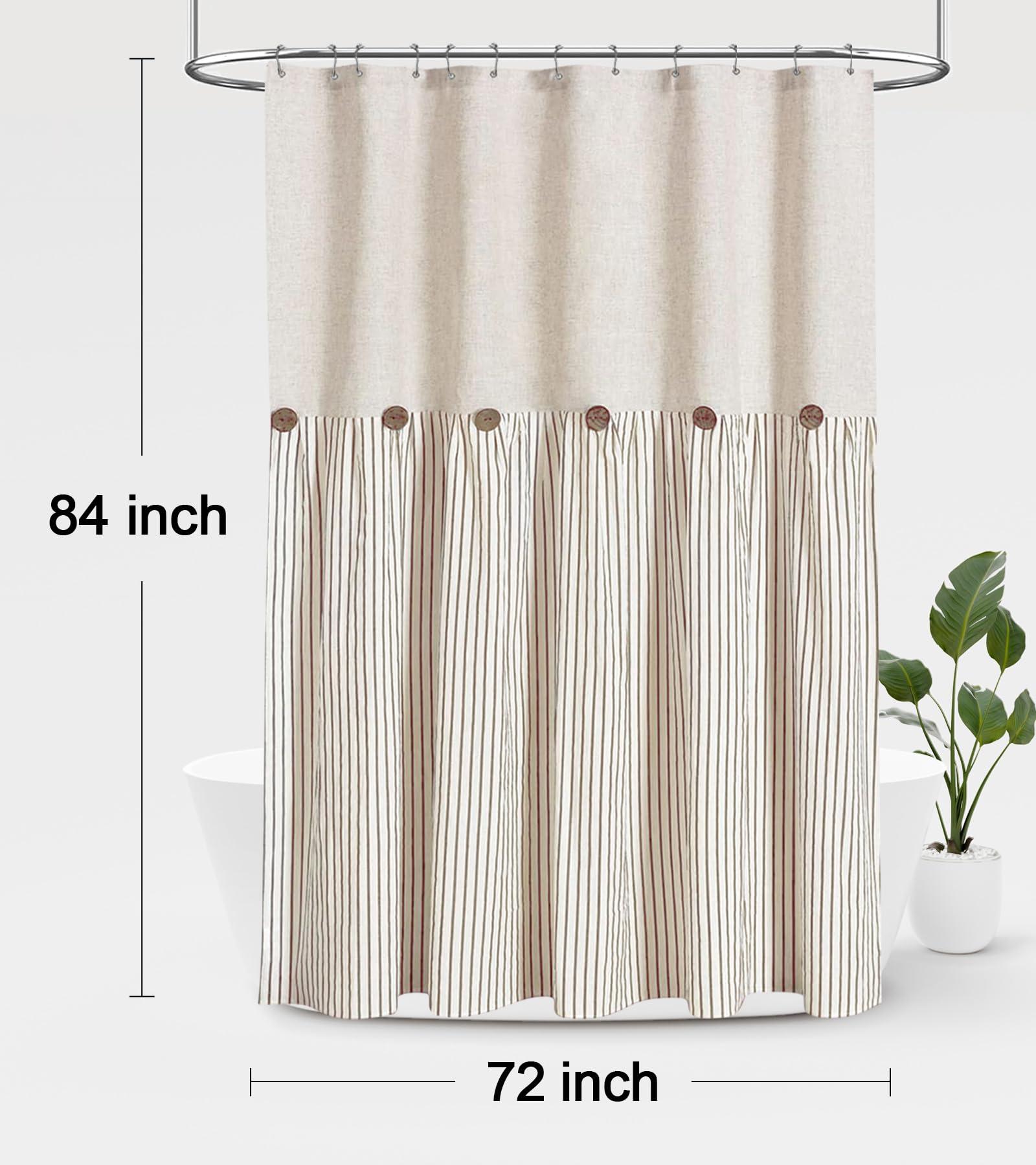 Awellife Awellife Extra Long Shower Curtain for Bathroom 84 Inch Shower Curtain Button Farmhouse Shower Curtain Beige Linen and Cotton Woven Fabric Pleated Brown Stripe Country Rustic Style