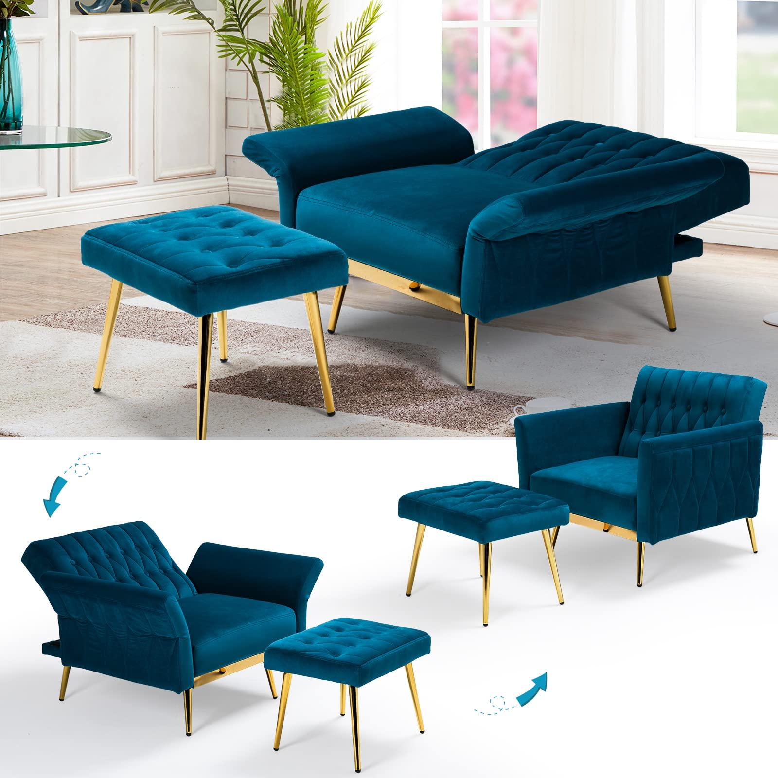 ACMEASE ACMEASE 2 Pieces Velvet Sofa Set with Adjustable Armrest and Backrest, 70 Convertible Futon Sofa Bed & Mordern Accent Chair with Ottoman for Living room, Bedroom, Teal