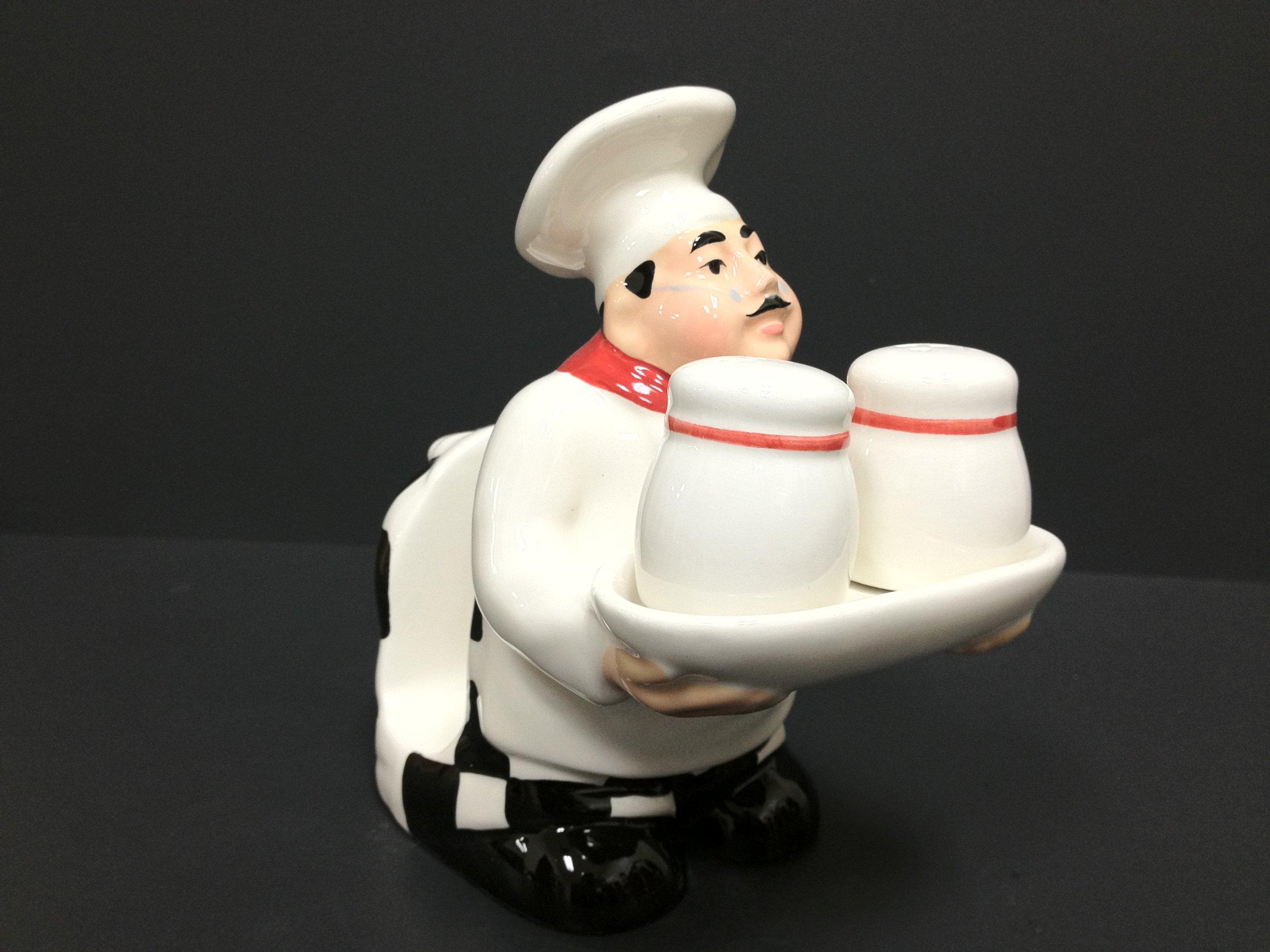 ACK ACK White Chef Hand Painted Ceramic Refillable Salt and Pepper Shaker with Napkin Holder, Kitchen Dcor