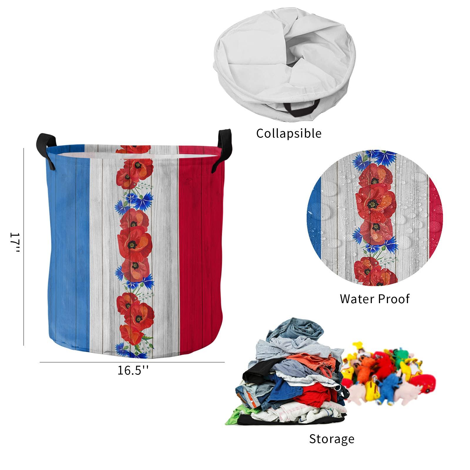 ZOE STORE Blue White Red Line American Independence Floral Large Laundry Basket, Waterproof Laundry Hamper for Clothes, Retro Wooden Poppies Blue Cornflowers Foldable Laundry Baskets, 16.5\'\'x17\'\'