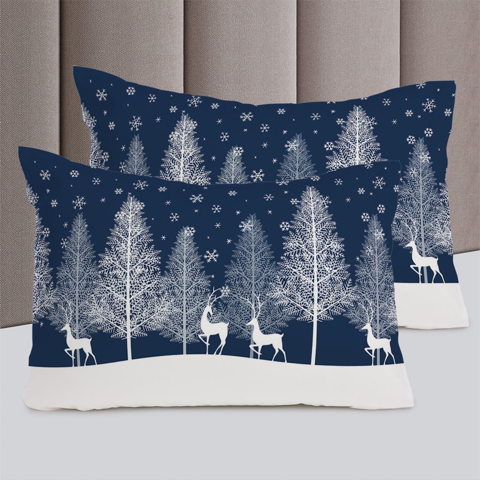 Debedcor Blue Christmas Tree Duvet Cover Queen Size, Xmas Elk Winter Snowflake Comforter Cover with Zipper Closure, 3 Piece Bedding Sets 1 Duvet Cover 90x92 Inches and 2 Pillow Shams