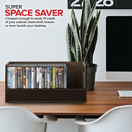 Stock Your Home Stock Your Home DVD Storage Box, Movie Shelf Organizer for Blu-Ray, Video Game Cases, CDs, VHS Tape Display Stand, Disc Holder Can Store Up to 28 DVDs, Faux Leather (Brown)