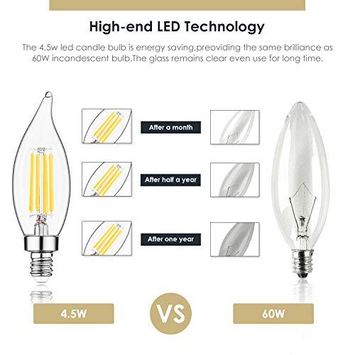 Sigalux Sigalux E12 LED Bulb Candelabra Base 60 watt Chandelier Light Bulbs Dimmable, Flame Tip , 4.5W, 500LM 2700K Soft White, CA10 Candle Light Bulbs, 12 Packs