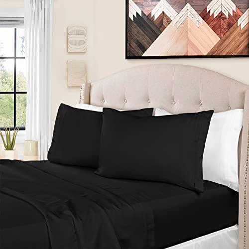 SUPERIOR Superior Egyptian Cotton 4 Piece Sheet Set, Luxury 1500 Thread Count, Eco-Friendly, Sustainable Sheets, Ultra-Soft Basics, Solid, Deep Pocket Fitted Sheet, Flat Sheet, Pillowcases, Queen, Black