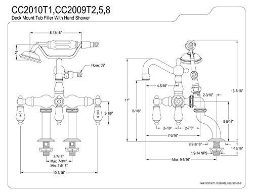 Kingston Brass Kingston Brass CC2010T1 3-3/8-to-10-Inch Adjustable Spread Deck Mount Vintage Leg Tub Filler with Hand Shower, H&C Porcelain Lever Handle, Polished Chrome