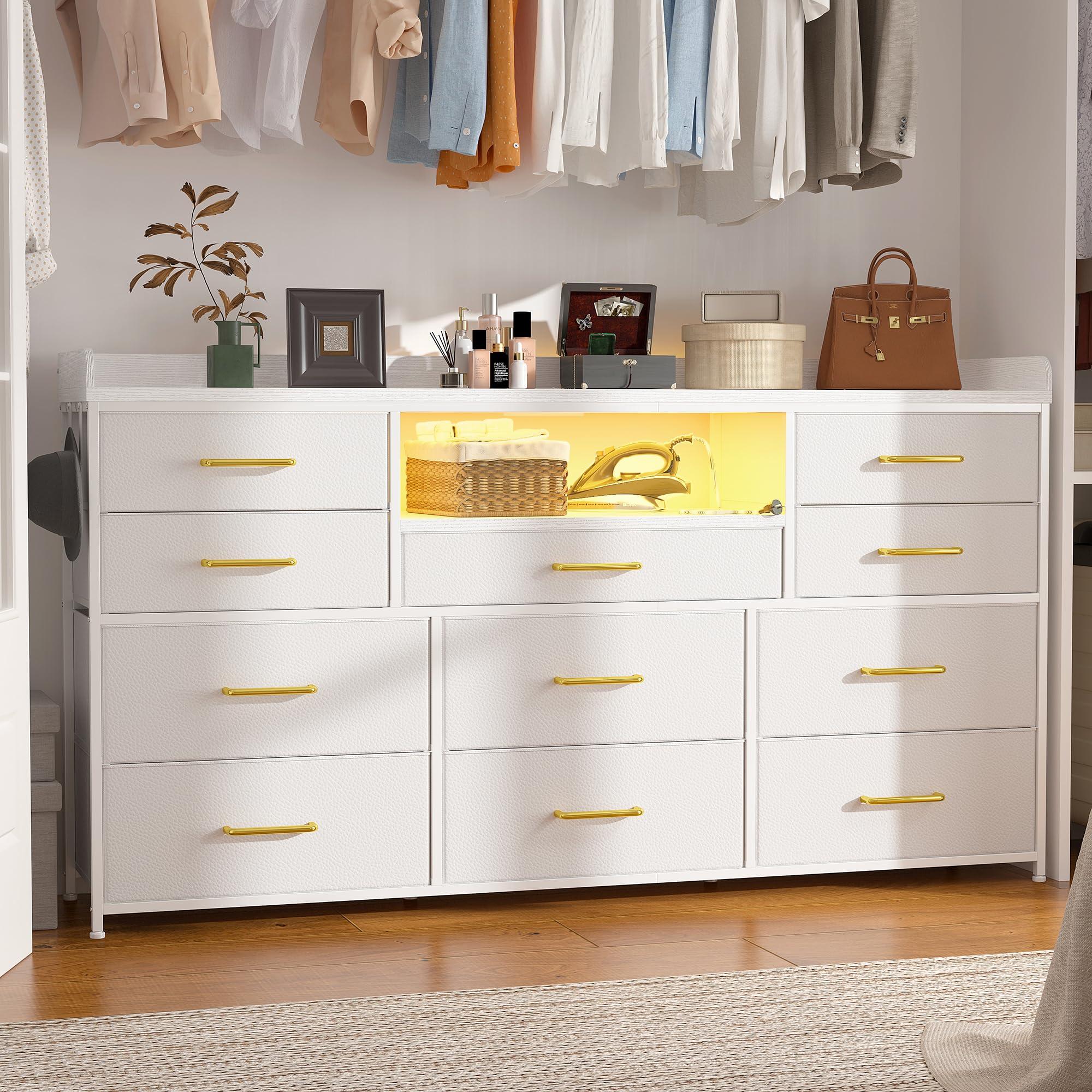 EnHomee EnHomee Dresser TV Stand with 11 Drawers for 60\" TV Stand for Bedroom with LED Lights & Power Outlets Long Dresser for Bedroom with Shelves & 4 Hooks Sturdy Metal Frame & Wood Top, White