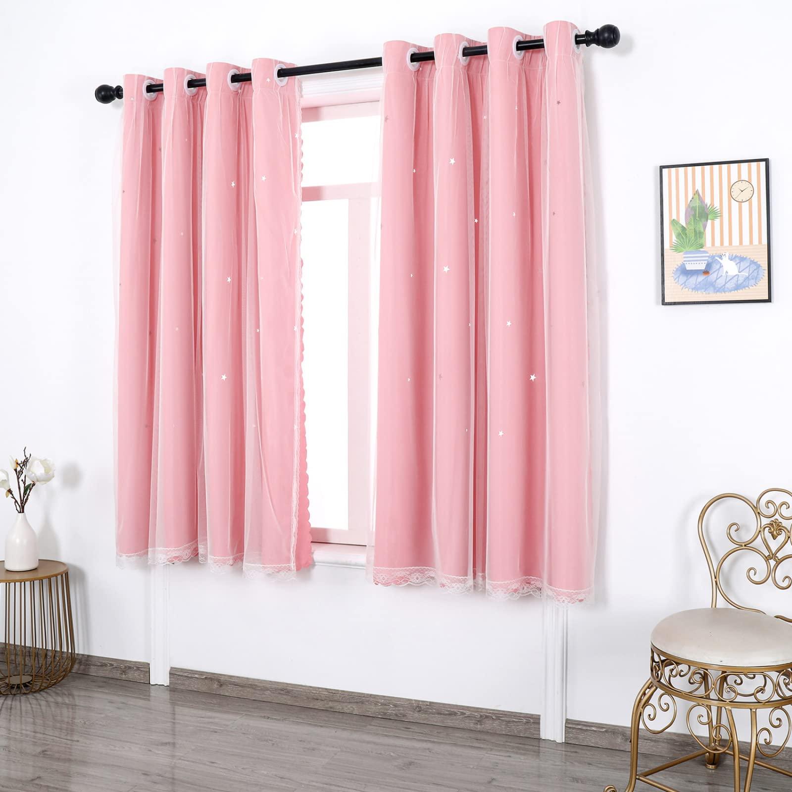 KTCLE KTCLE Star Curtain Kids Curtains for Girls Bedroom Living Room Blackout Curtain Double Layer Star Cut Out Grommet Window Curtains 1 Panel,Pink,70x63 in