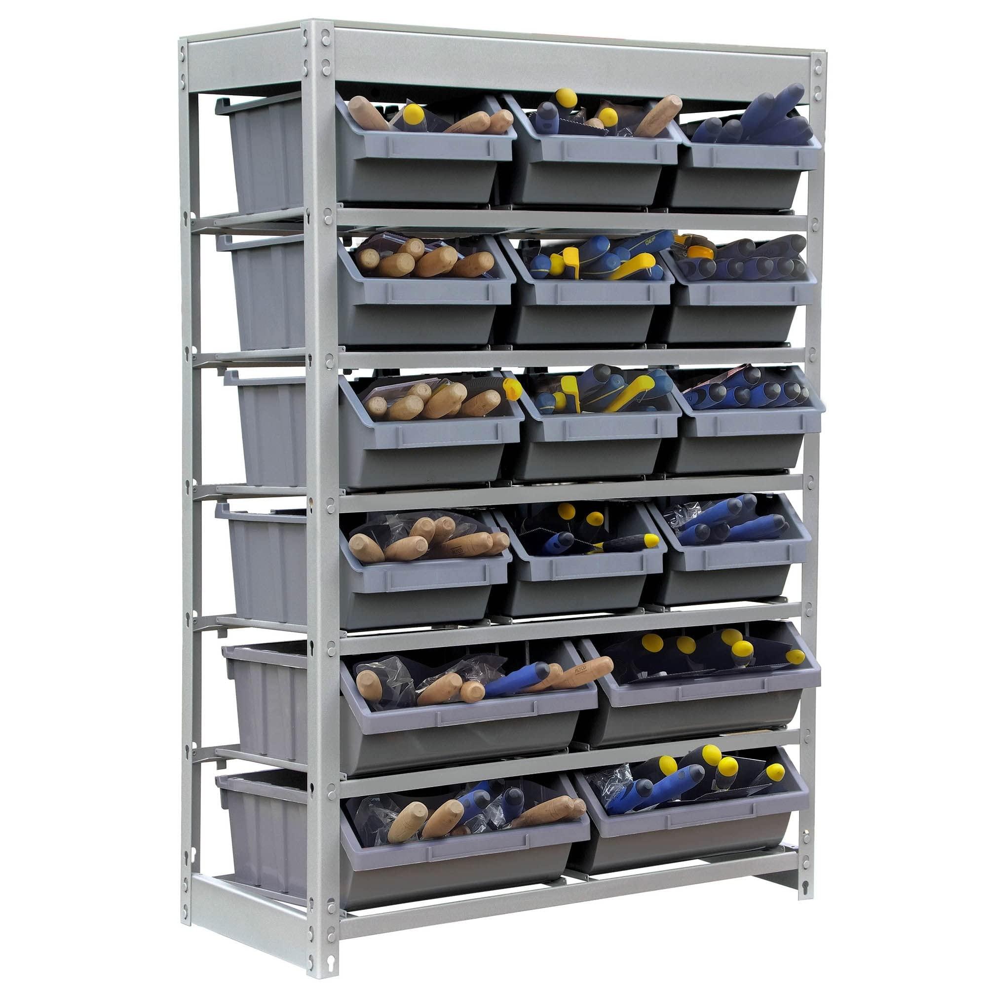 HomeLoft Basics Rack Bin Storage System Heavy Duty Steel Organizer Shelving Unit W/ 16 Plastic Bins in 6 Tiers. Grey Metal
