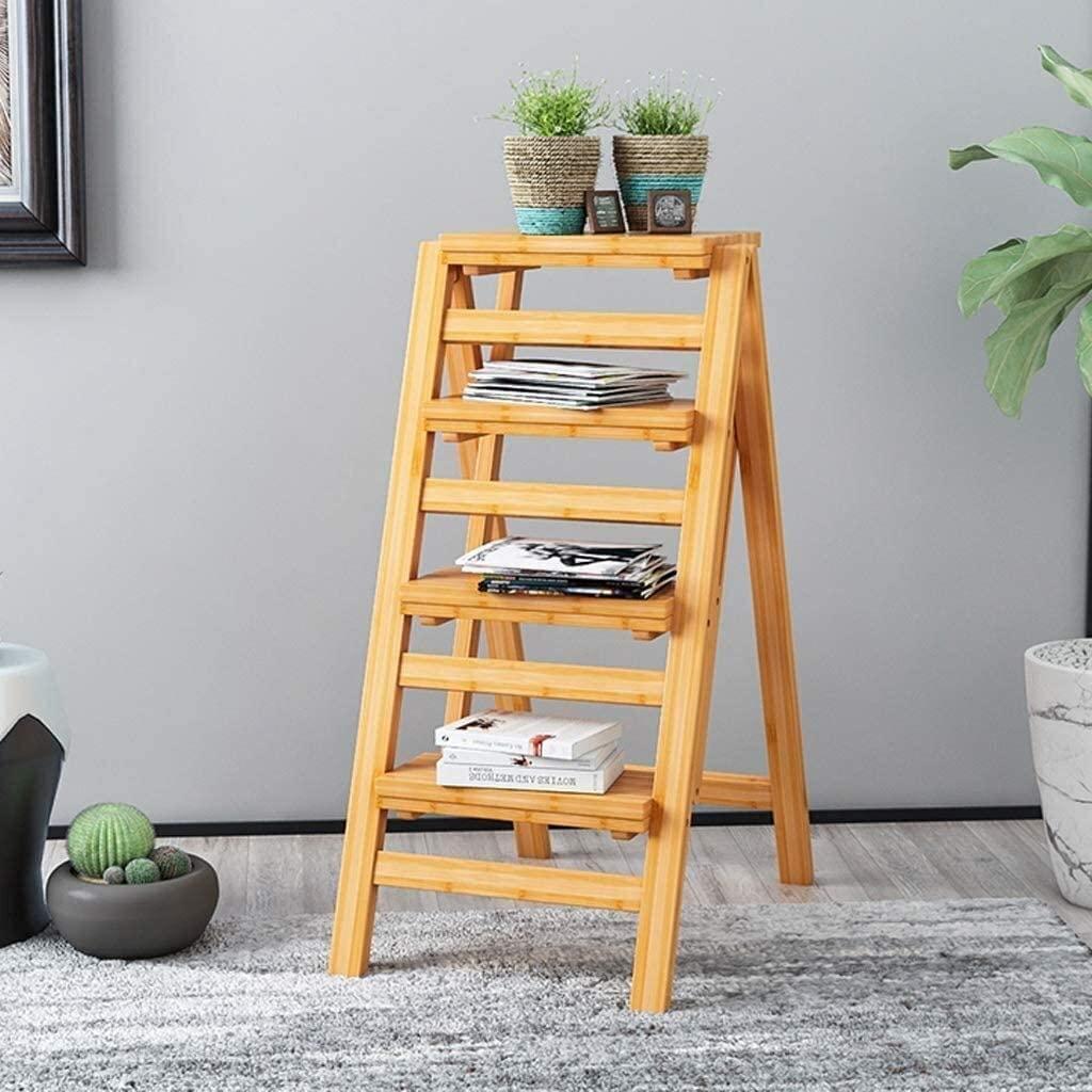 Katzowen Home Folding Step Ladder Stool Folding Step Stool,Bamboo Step Ladder Stool Folding Stepladder, 4 Steps, Folding Design Ladder with Anti-Slip Feet (Color : Wood Color)