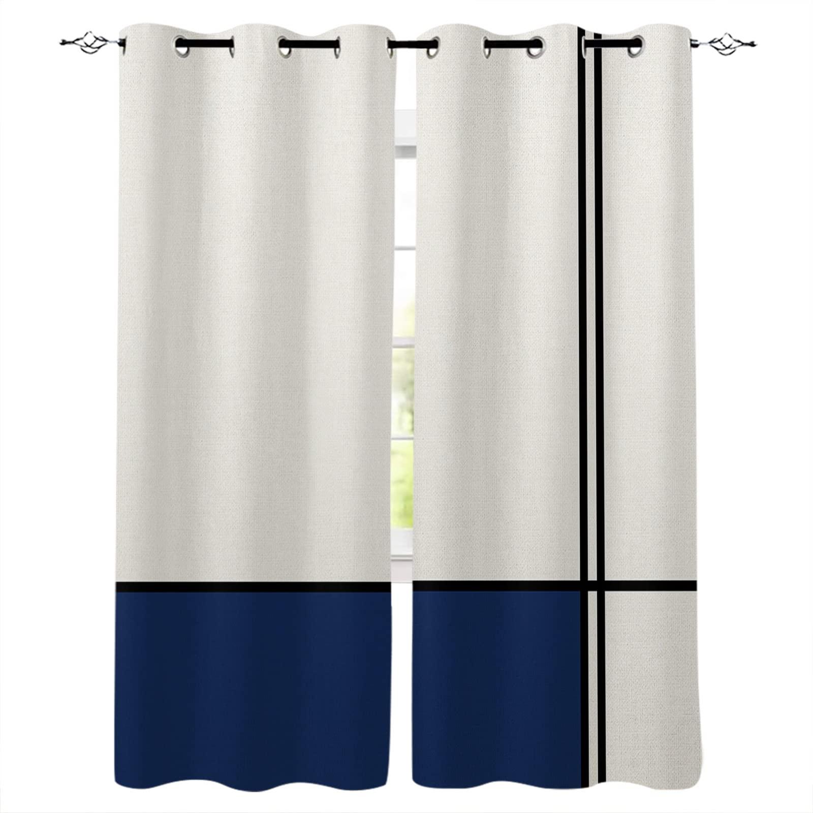 Tersuger Blackout Curtains 90 inches Long 2 Panels Set, Abstract Gemoetric Art Navy Blue Color Block Room Darkening Curtains Grommet Thermal Insulated Window Drapes for Living Room Bedroom Decor