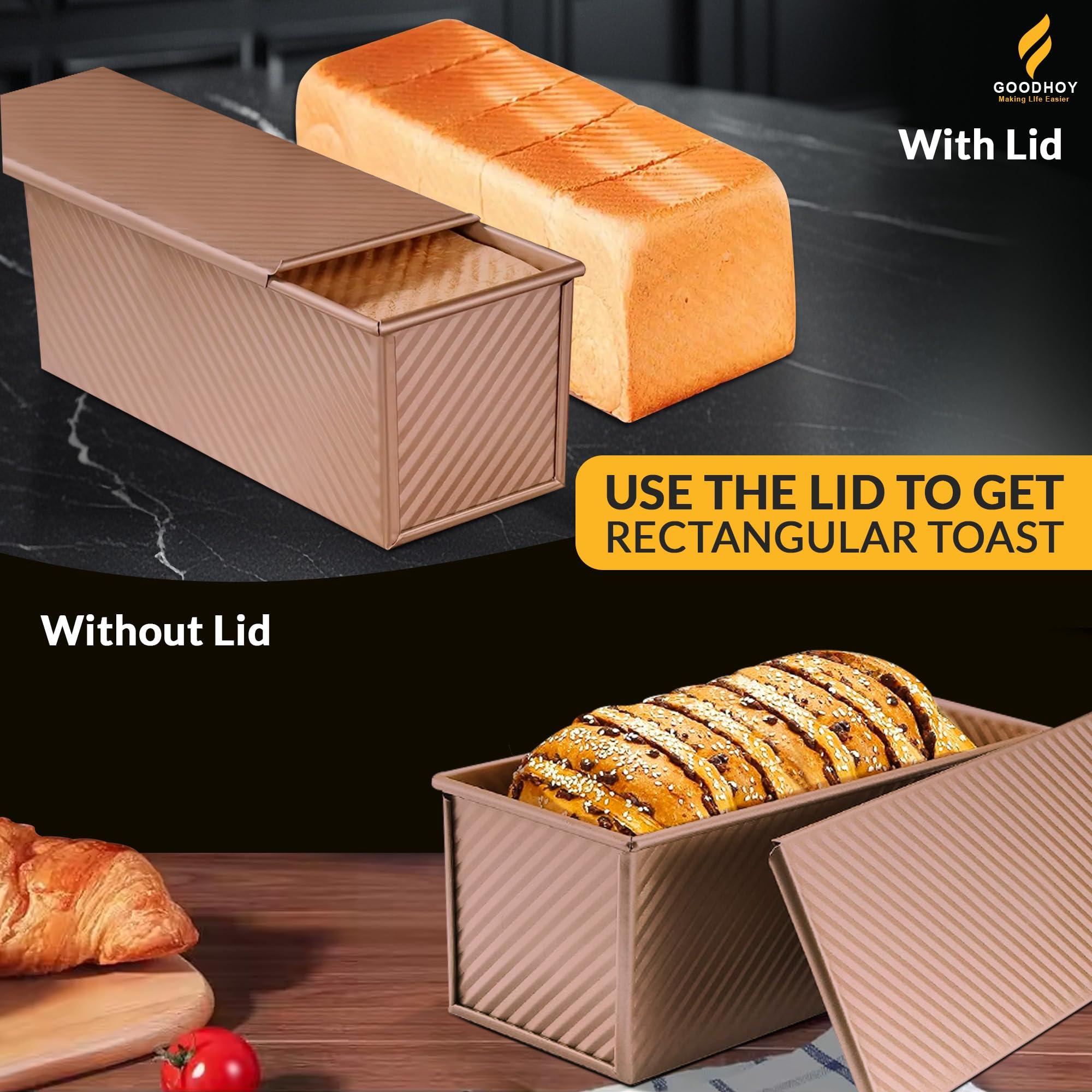 GOODHOY GOODHOY Pullman Loaf Pan with Lid, Ideal for Bread Lovers, Perfect for Sandwich loaf Bread pan bread pans for homemade bread with lid, Bonus: Brush, Scraper & Pullman bread Pan Giftable Box - (2lb)