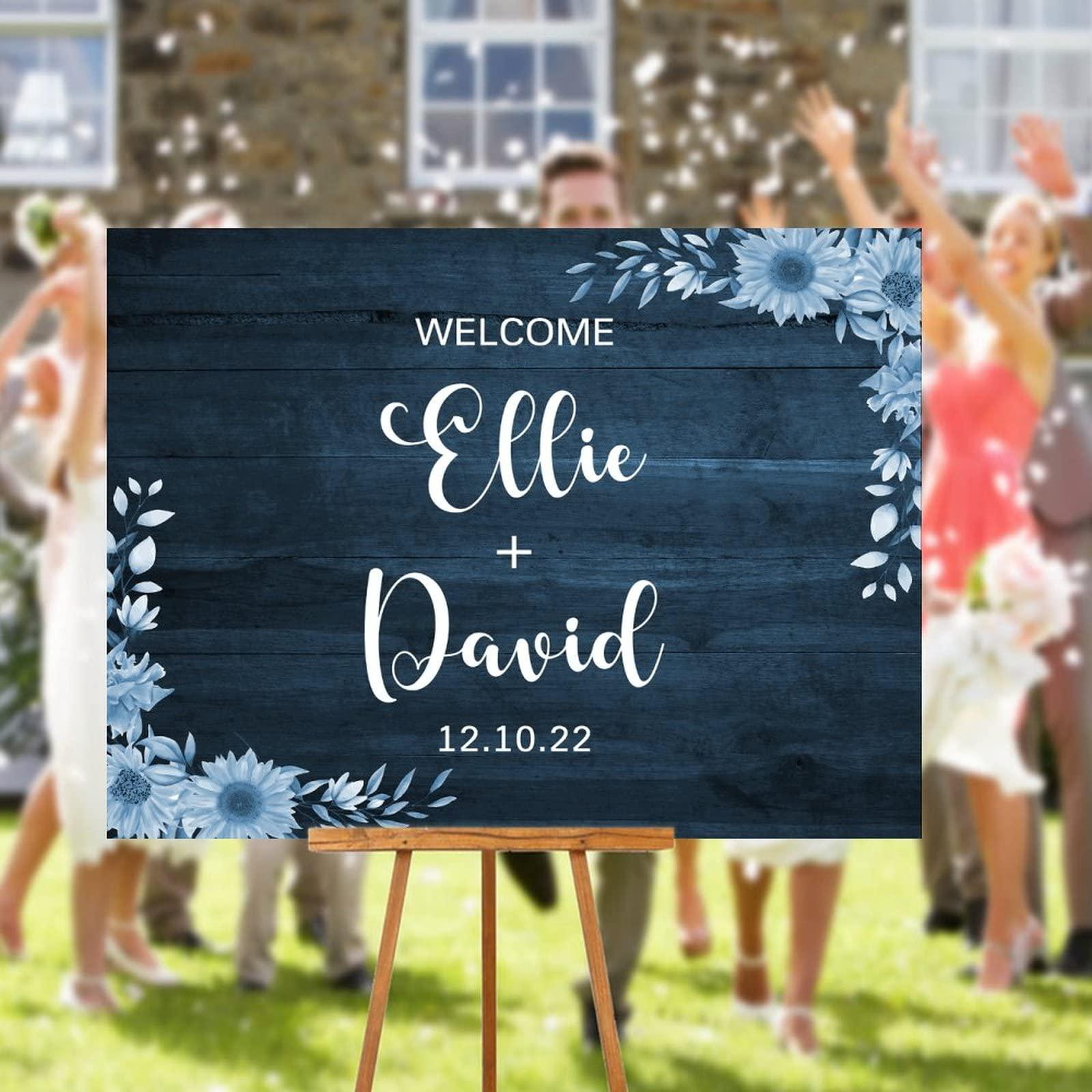 Alioyoit Rustic Wood Wedding Sign Floral Blue Wood Wooden Wedding Welcome Sign Customizable Wedding Reception Ceremony Sign Perfect for Wedding Anniversary Engagement Party Decor Wedding Gift 12x16 Inch