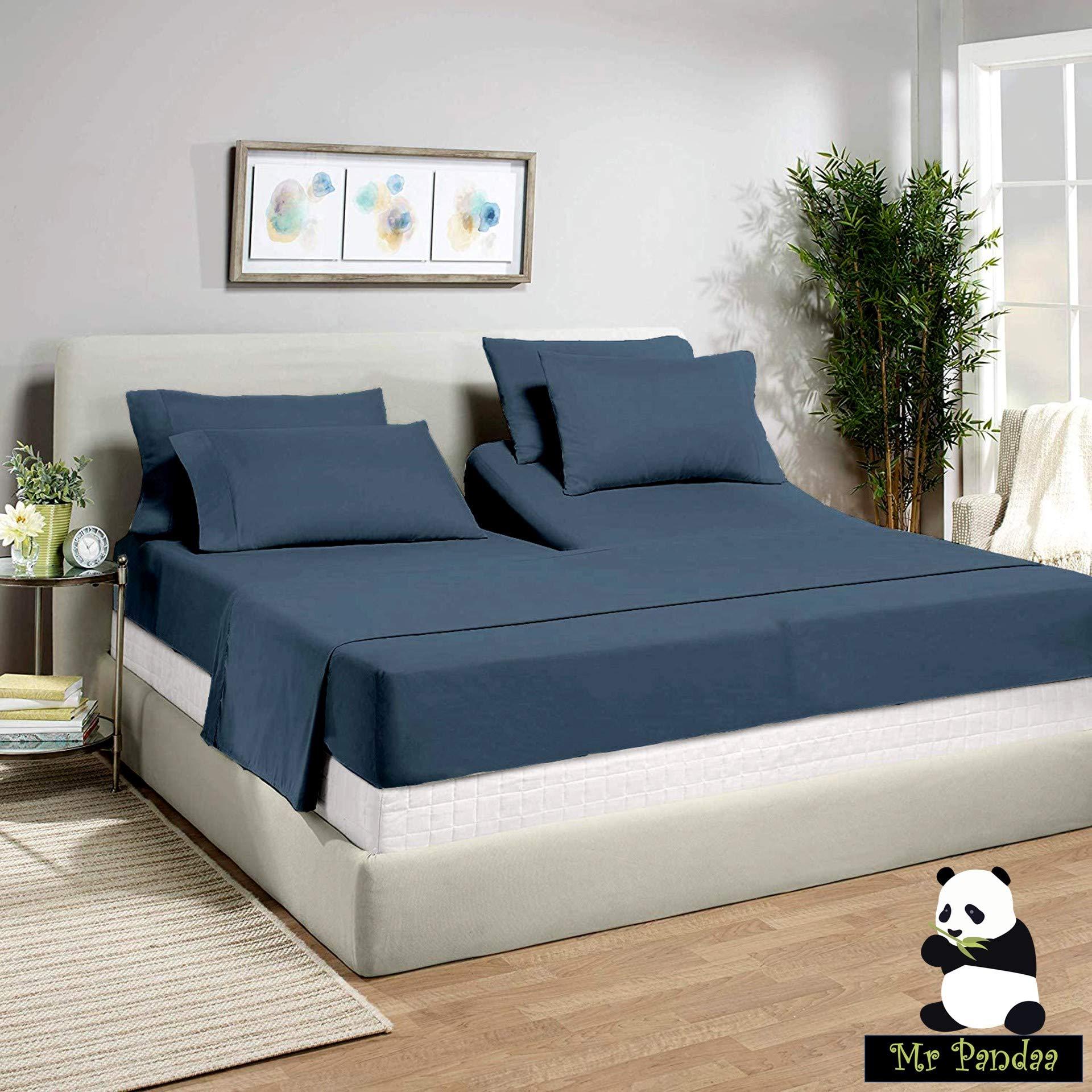 Mr Pandaa Split Top Cal-King Sheet Set for Adjustable Flex Top Mattress 100% Egyptian-Cotton, 1000-Thread-Count, Split Head Sheet Set 30\" Split at Top - 15\" Deep-Pocket [Cal-King- 30\" Split, Mediterranean Blue]