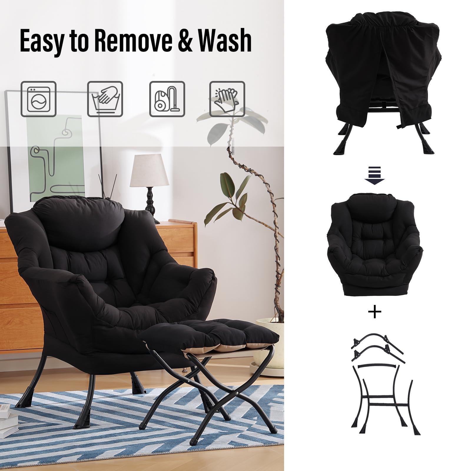 Furlide Furlide Lazy Chair with Ottoman, Modern Chair with Folding Footrest, Lounge Accent Chair, Comfortable Reading Chair (Black)