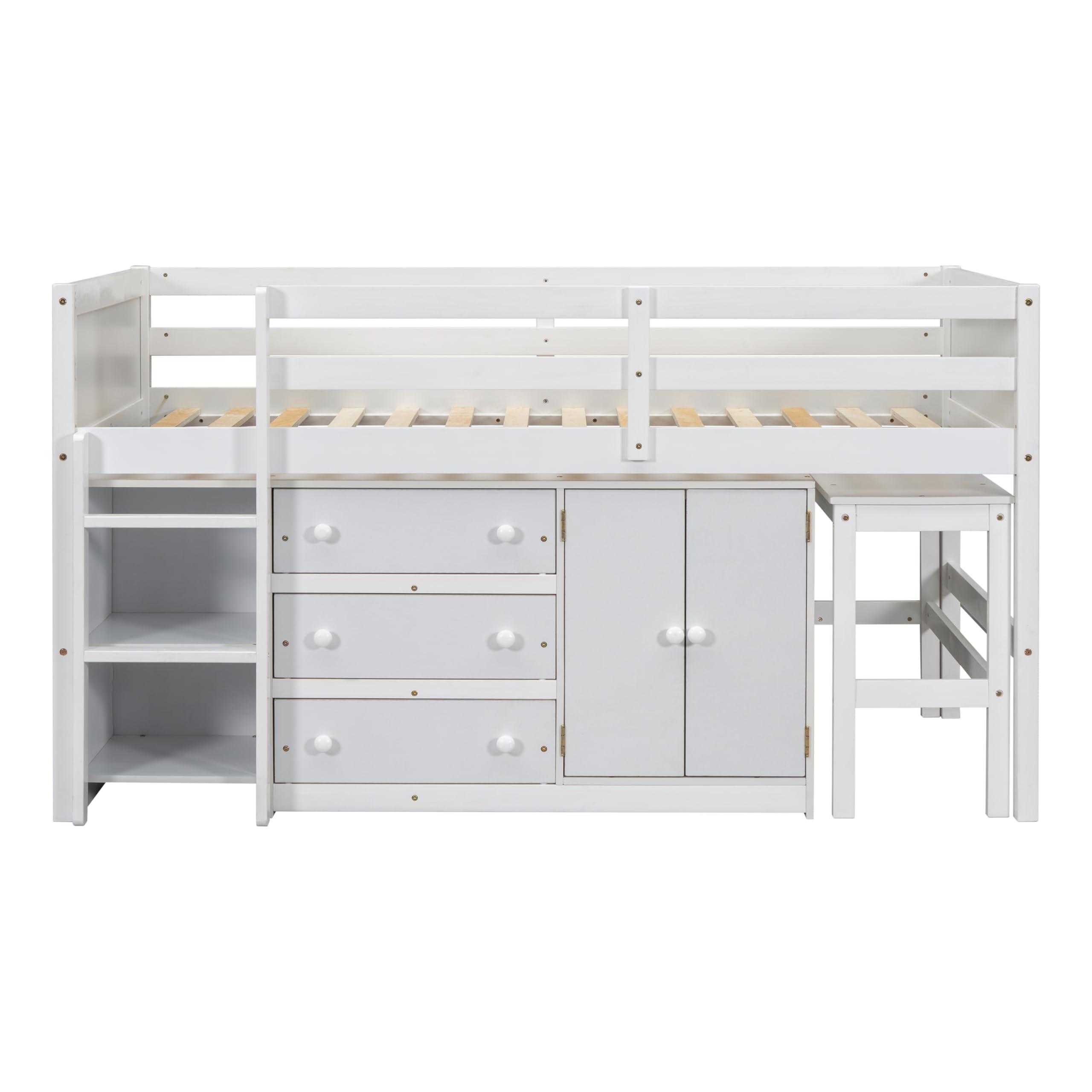 Ball & Cast Ball & Cast Twin Size Low Loft Bed Bunk with Pull-Out Desk and Drawers,Multifunctional Wood Bebframe W/Full-Length Guardrails and Storage Cabinet,Spacious Bookshelf,for Bedroom,Apartment,White