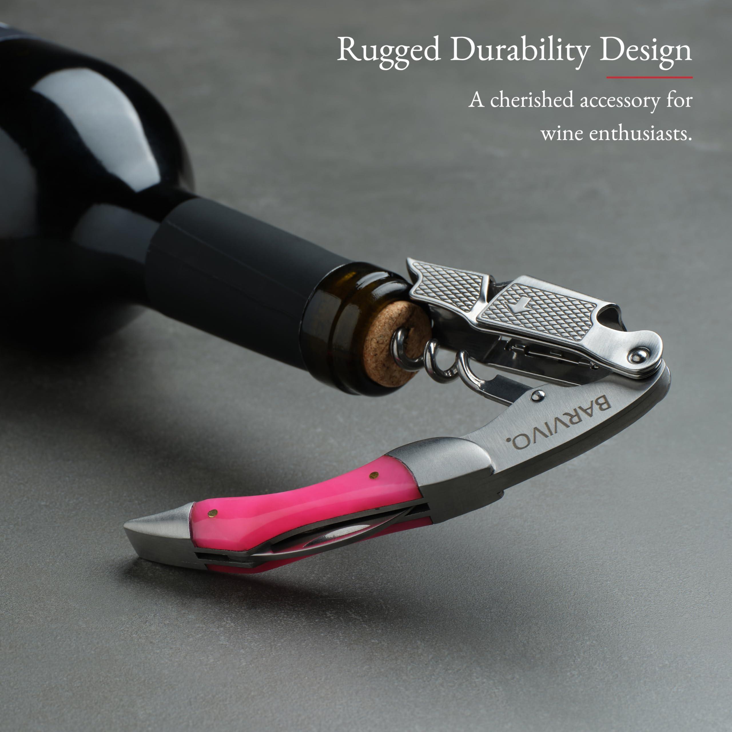Barvivo Barvivo Wine Opener with Foil Cutter and Cap Remover - Double Hinged Corkscrew for Bartenders - Stainless Steel Wine Key for Easy Bottle Opening - Manual Wine Bottle Opener - Pink Resin, 4.7x1.2-Inch