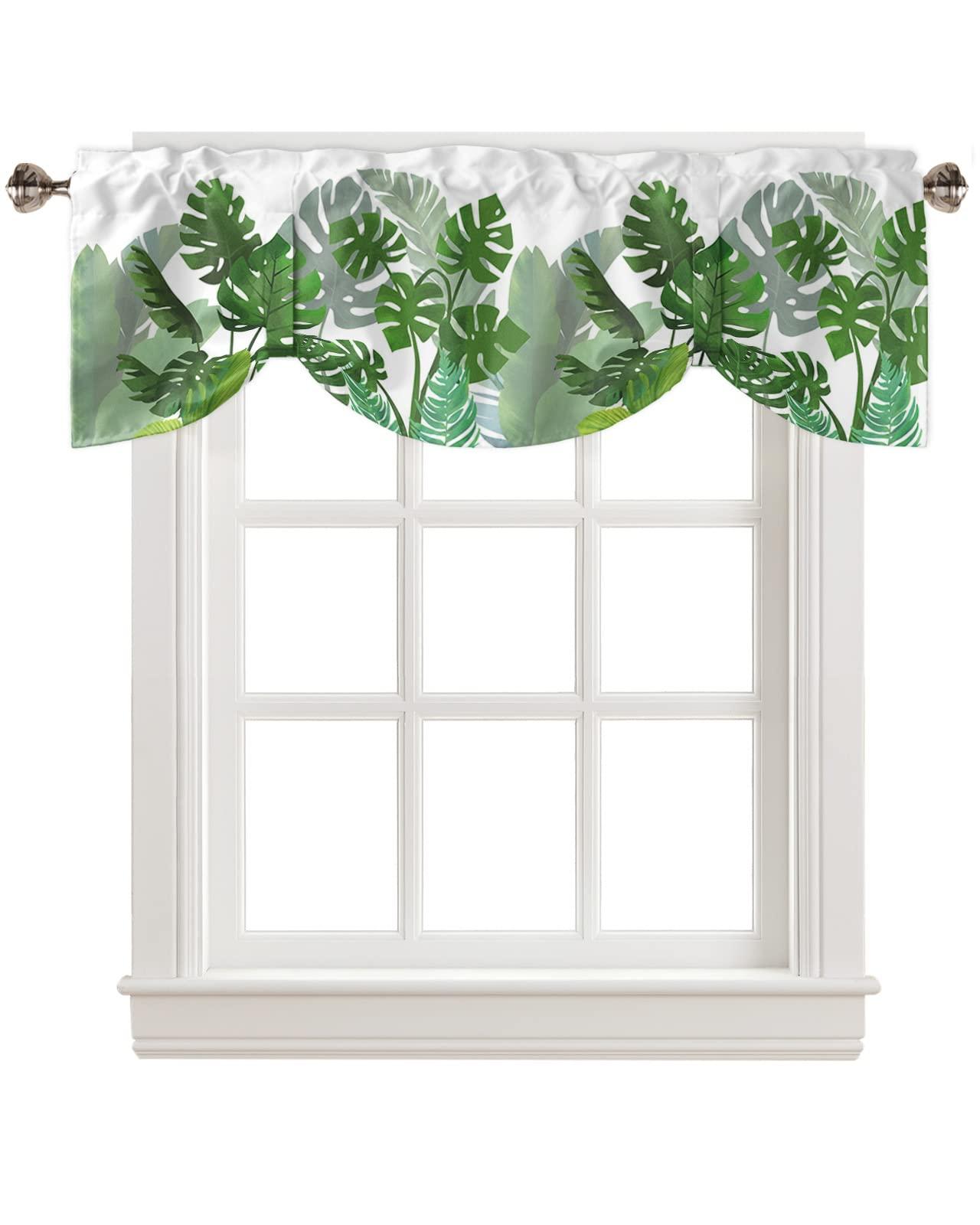 Chees D Zone Tie Up Valance Curtain for Kitchen,Monstera Summer Green Leaf Rod Pocket Short Curtains Adjustable Tie-Up Shade Valances,Tropical Plants Foliage on White Window Treatment for Bathroom 42x18in