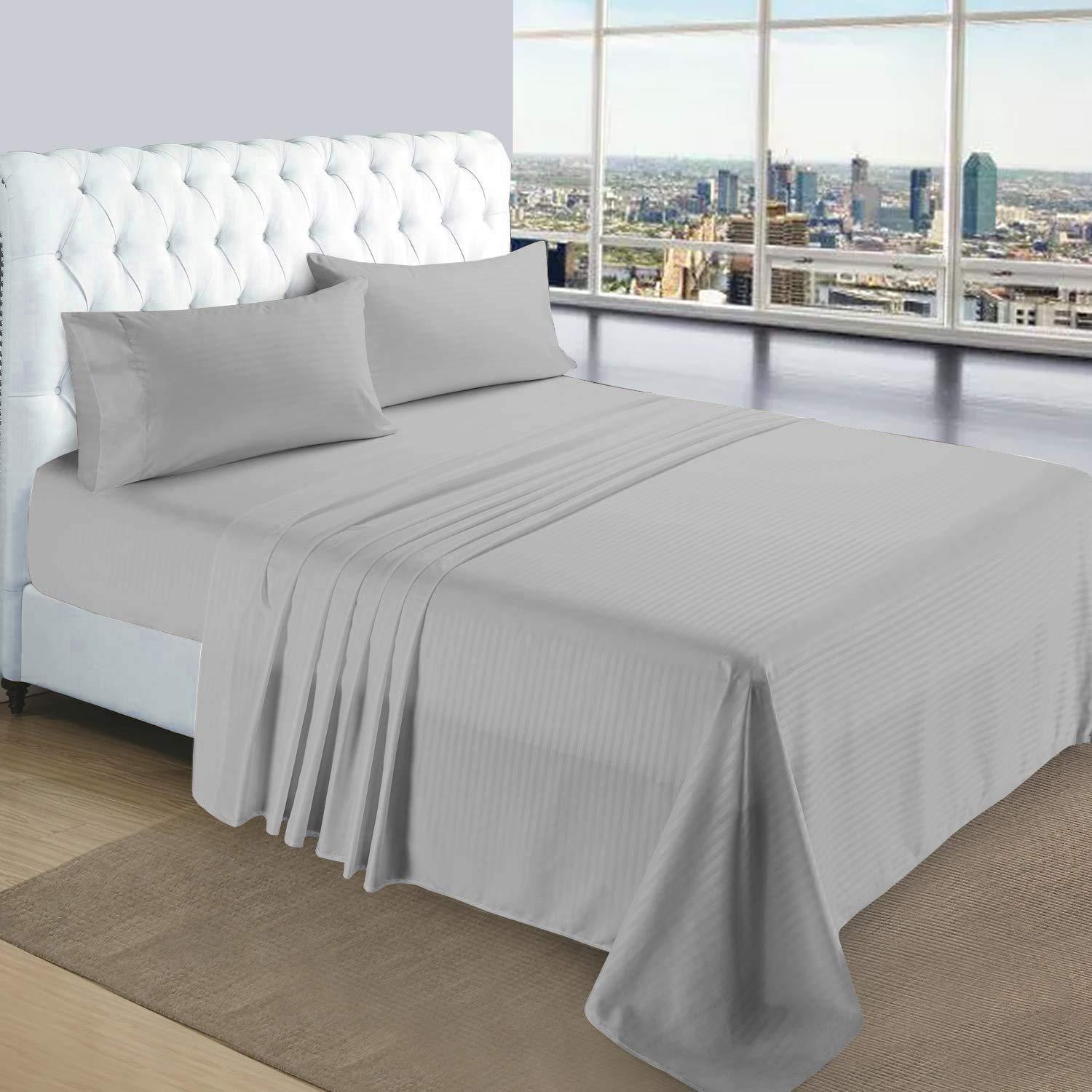 Bedding Kraft Bedding Kraft Bed Sheet Set - Light Grey Stripe Full Size 6 PC\'s Sheet Set - 1500 TC Cotton Sheets - Rich 100% Egyptian Cotton - Fits Mattress Upto 21 Inch Deep Pocket - Extra Deep Pocket Set