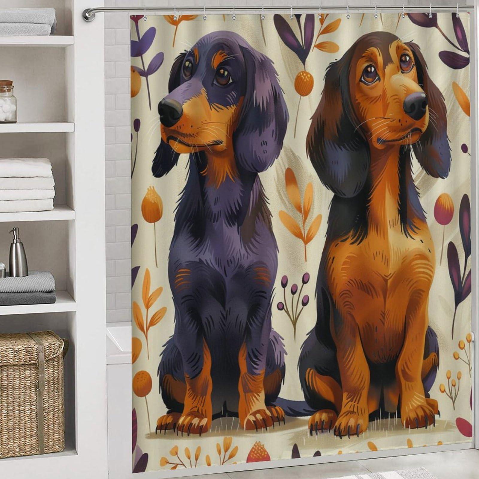 HDESDIS HDESDIS 4Pcs Cartoon Dachshund Dog Shower Curtain Sets with Rugs, Toilet Lid Cover and Bath Mat, Vintage Balloon Leaf Bathroom Shower Curtains Set with 12 Hooks
