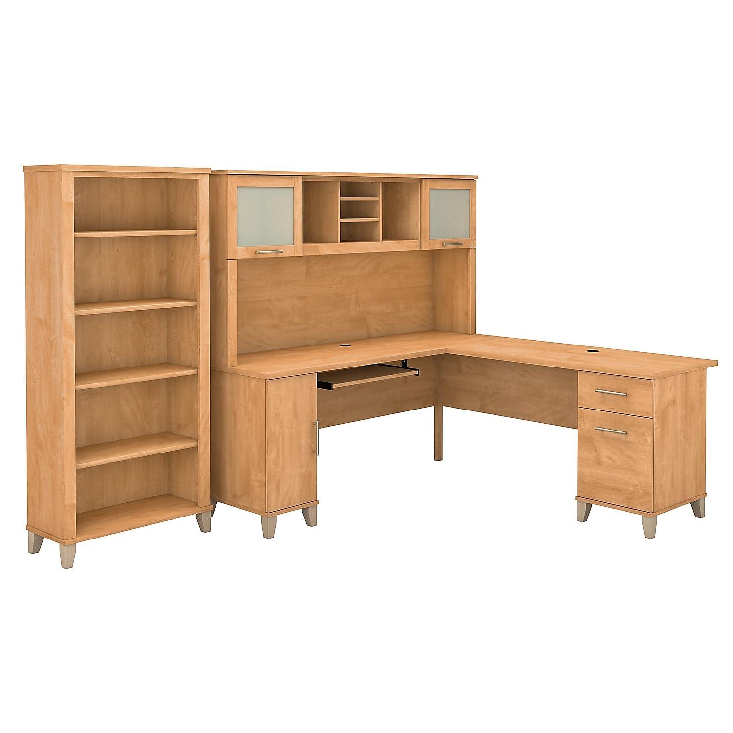 Bush Business Furniture Bush Furniture Somerset 72W L Shaped Desk with Hutch and 5 Shelf Bookcase in Maple Cross