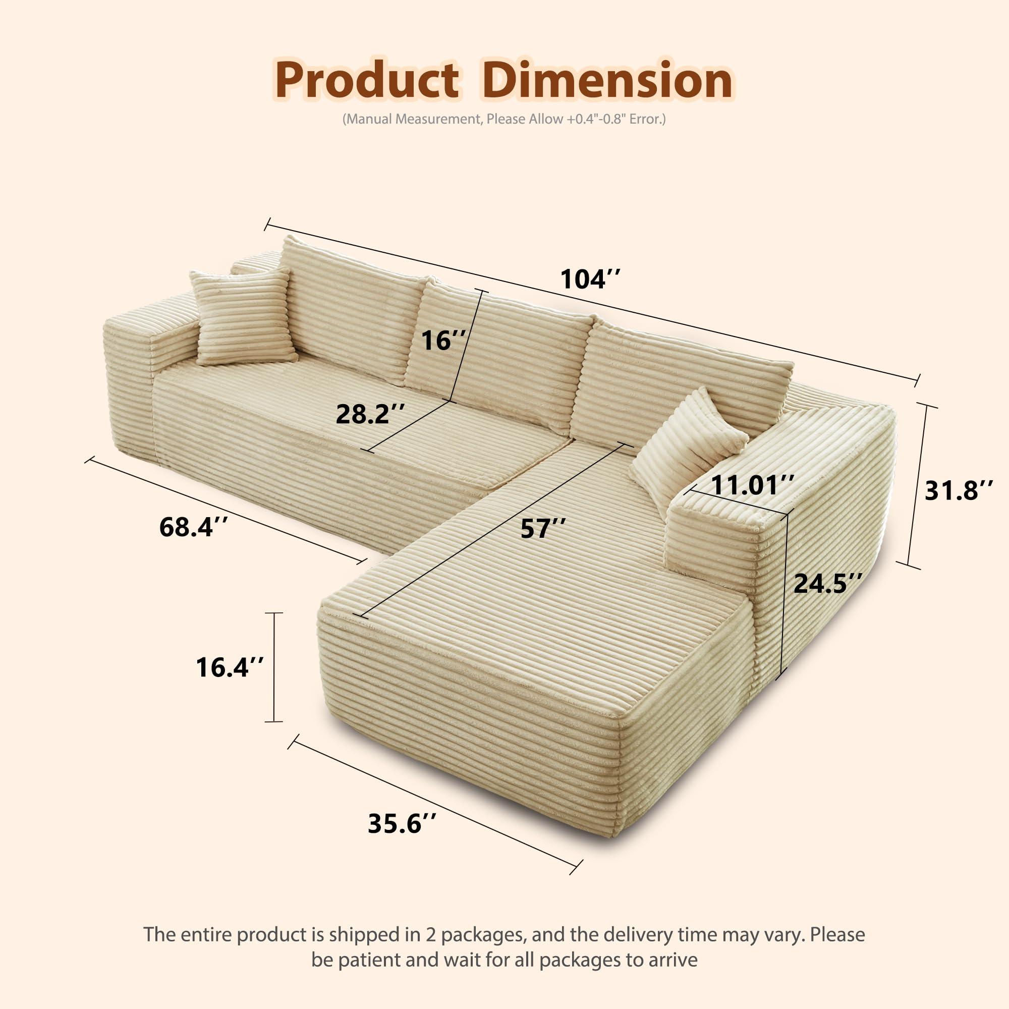 OOBOLT 104" Cloud Couch Deep Seat, L Shape Couches for Living Room, No Assembly Required, Sectional Sofas with Right Chaise, Beige Plush Velvet