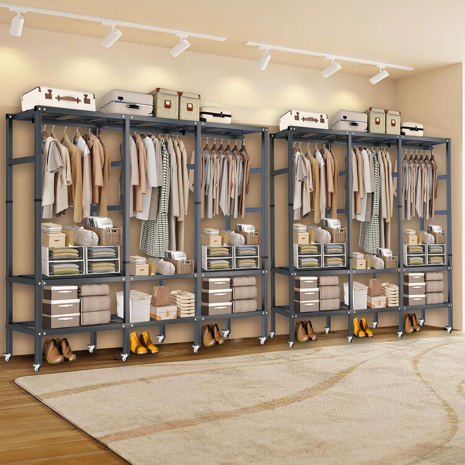 ZAIHW Garment Rack Walk In Closet Organizer Heavy Duty Clothes Rack Closet System with 3 Hanging Rods, 8 Wheels, 1600 LBS Load Capacity for Wardrobe, Freestanding Bedroom Armoire (215cm/84.6in)