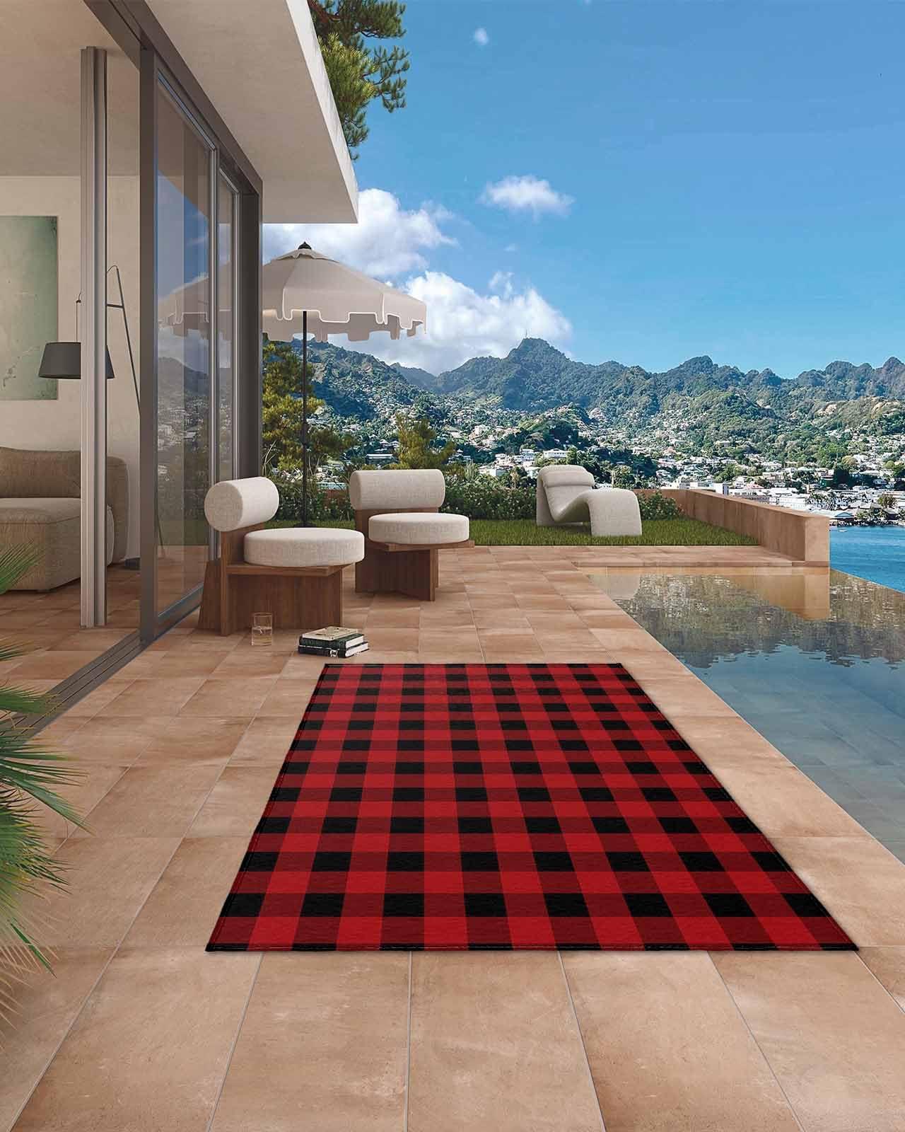 Vandarllin Outdoor Patio Rugs Red Black Plaid Outdoor Area Rug Buffalo Check Geometric Checker Pattern Non-Slip Backyard/Camping RV Rug/Deck/Porch Rug Front Door Floor Mat Carpet,6x9ft,