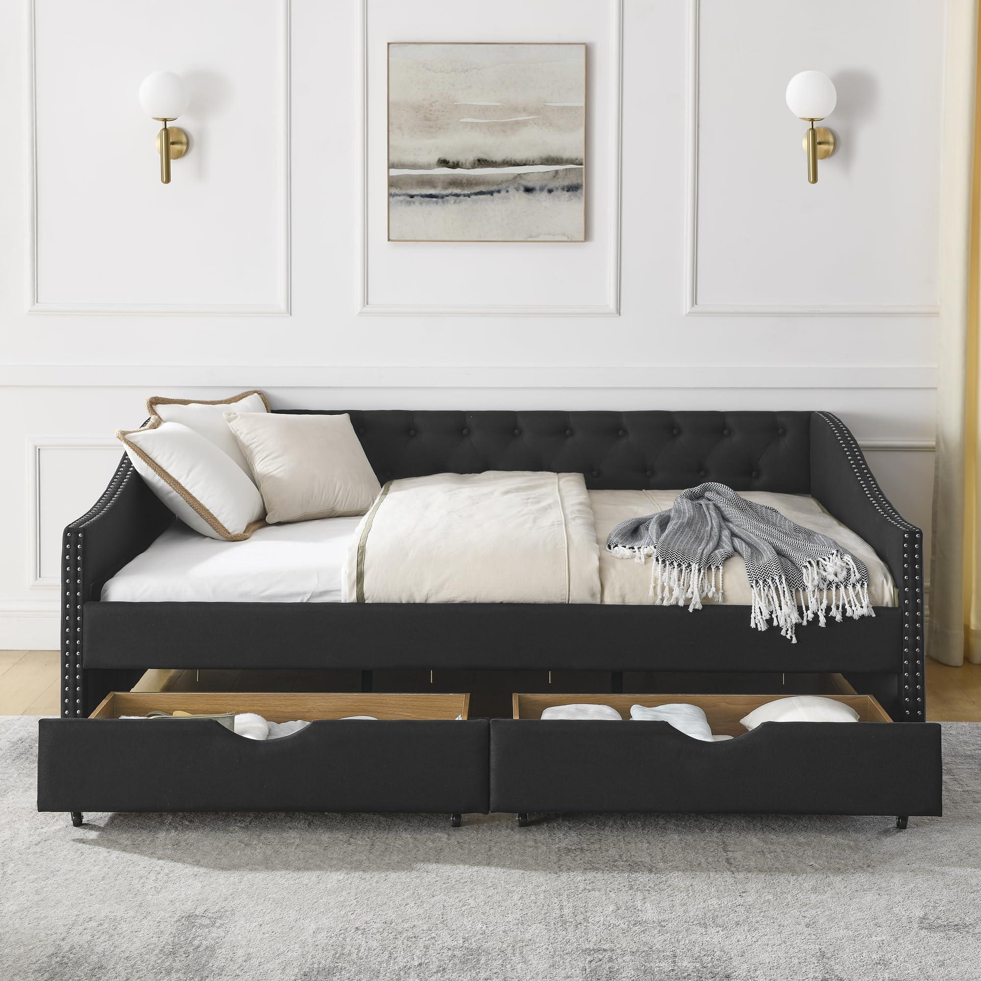 Flieks Flieks Linen Upholstered Full Daybed with Two Storage Drawers, Full Size Button Tufted Sofa Bed Daybed with Nailhead Trim and Wood Slat Support (Black)