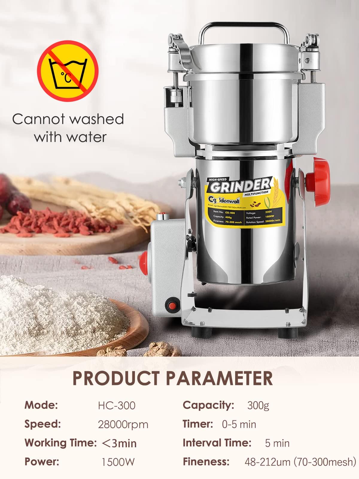 CGOLDENWALL CGOLDENWALL 300g Electric Grain Grinder Mill Safety Upgraded 1500W High-speed Spice Herb Grinder Commercial Superfine Grinding Machine Dry Cereals Pulverizer CE 110V (300g Swing Type)