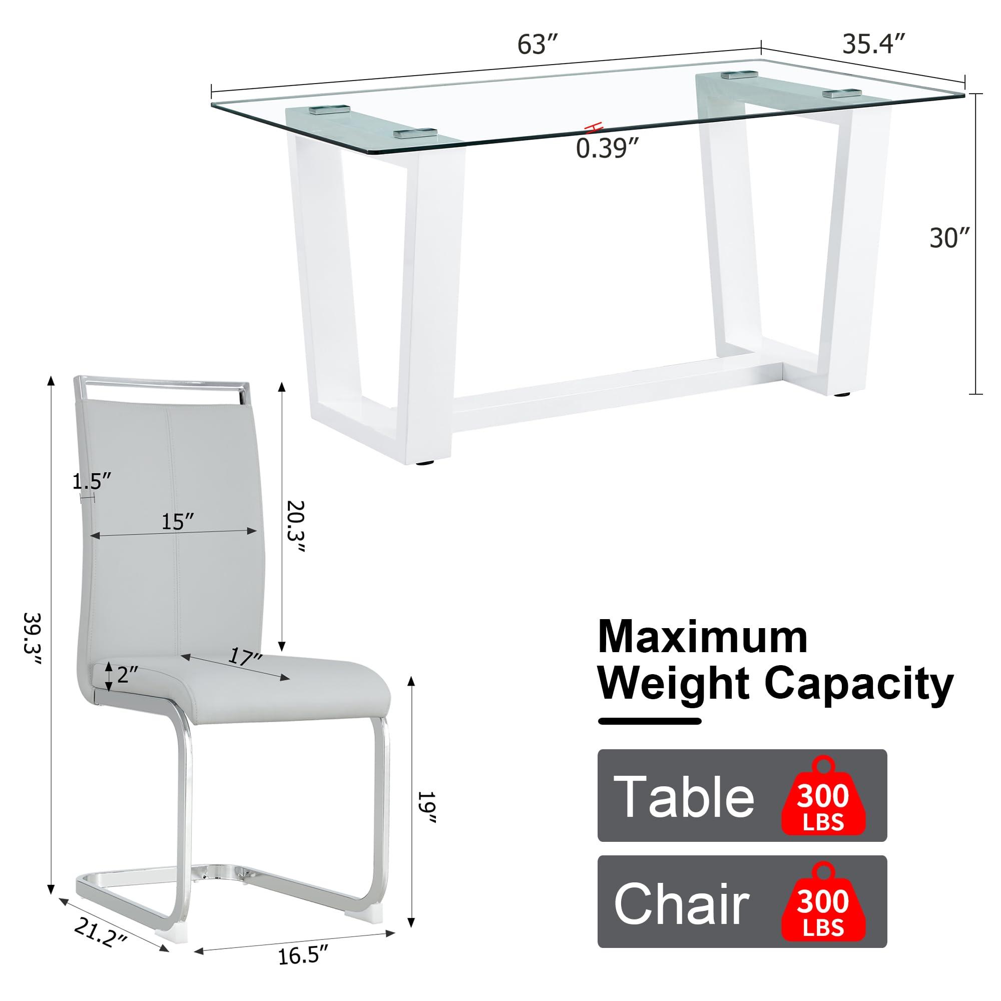 MUUOKY MUUOKY 63" Glass Dining Table Set for 6, Dinner Table Set for 6, Glass Top Dining Room Table and 6 PU Leather Chairs, Rectangle White Table and Chair Set for 6 Suitable Kitchen Dining Room