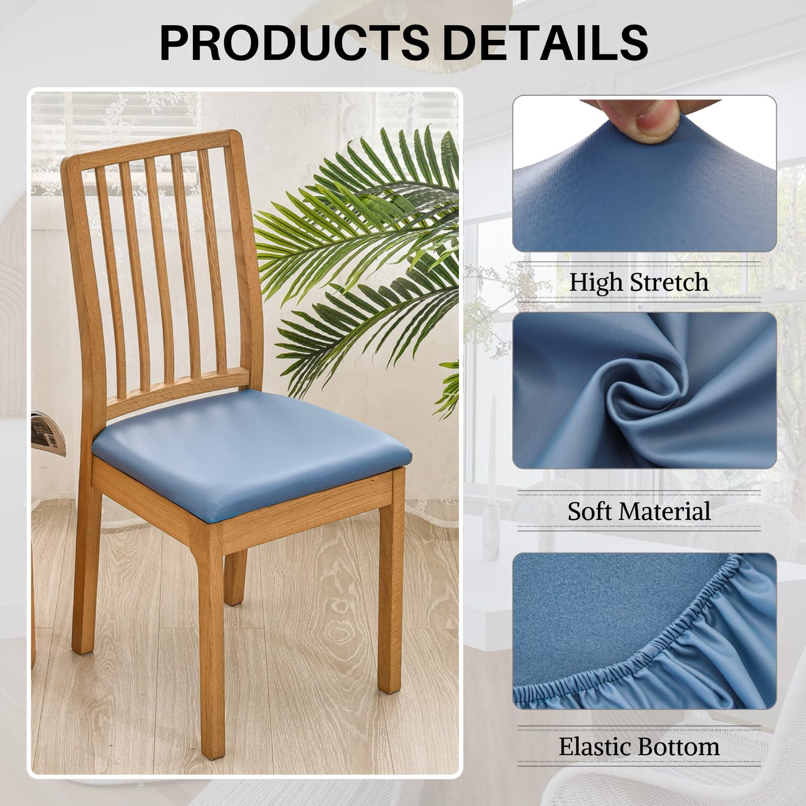 SearchI SearchI Waterproof PU Leather Seat Covers for Dining Chairs, 4 Pack Stretch Dining Room Chair Seat Covers, Kitchen Chair Seat Covers Protectors (Blue)