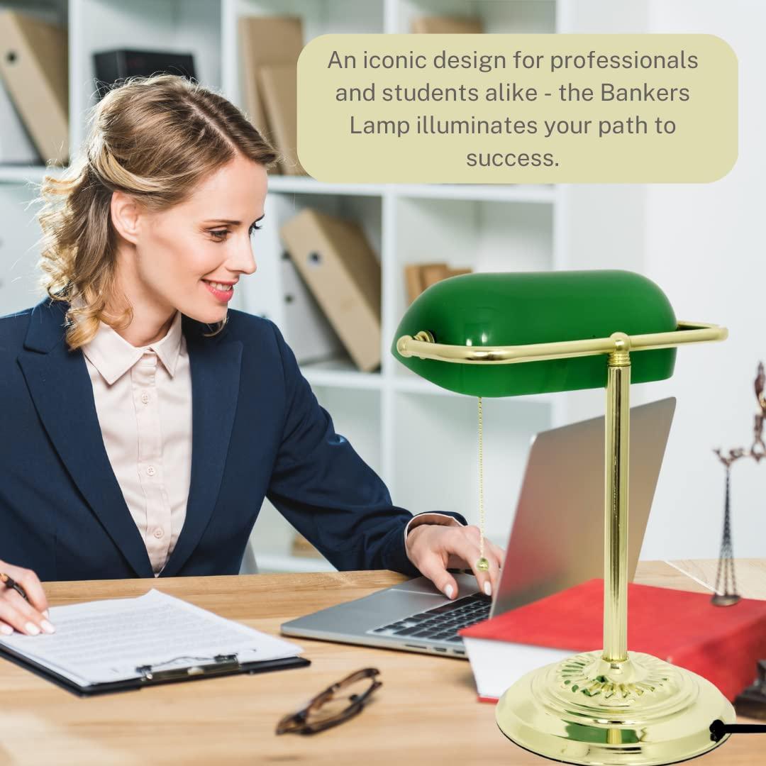 LIGHTACCENTS LIGHTACCENTS Traditional Bankers Desk Lamp with Green Glass Shade and Nickel Finish - Classic Study Light Perfect for Office and Home Workspace - Elegant Small Banker Lamp for Reading