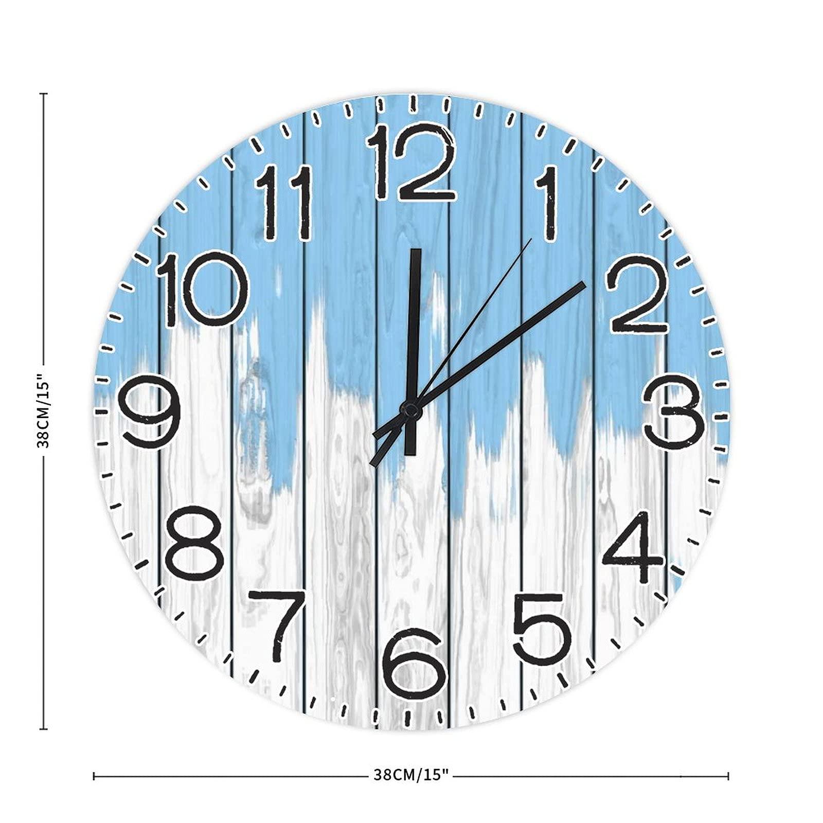 HomeLoft Basics Modern Wood Hanging Wall Clock Dripping Blue Paint on a White Wood Background Non-Ticking Silent Wall Clocks with Numerals Battery Operated Decorative for The Living Room Kitchen Bedroom She1089