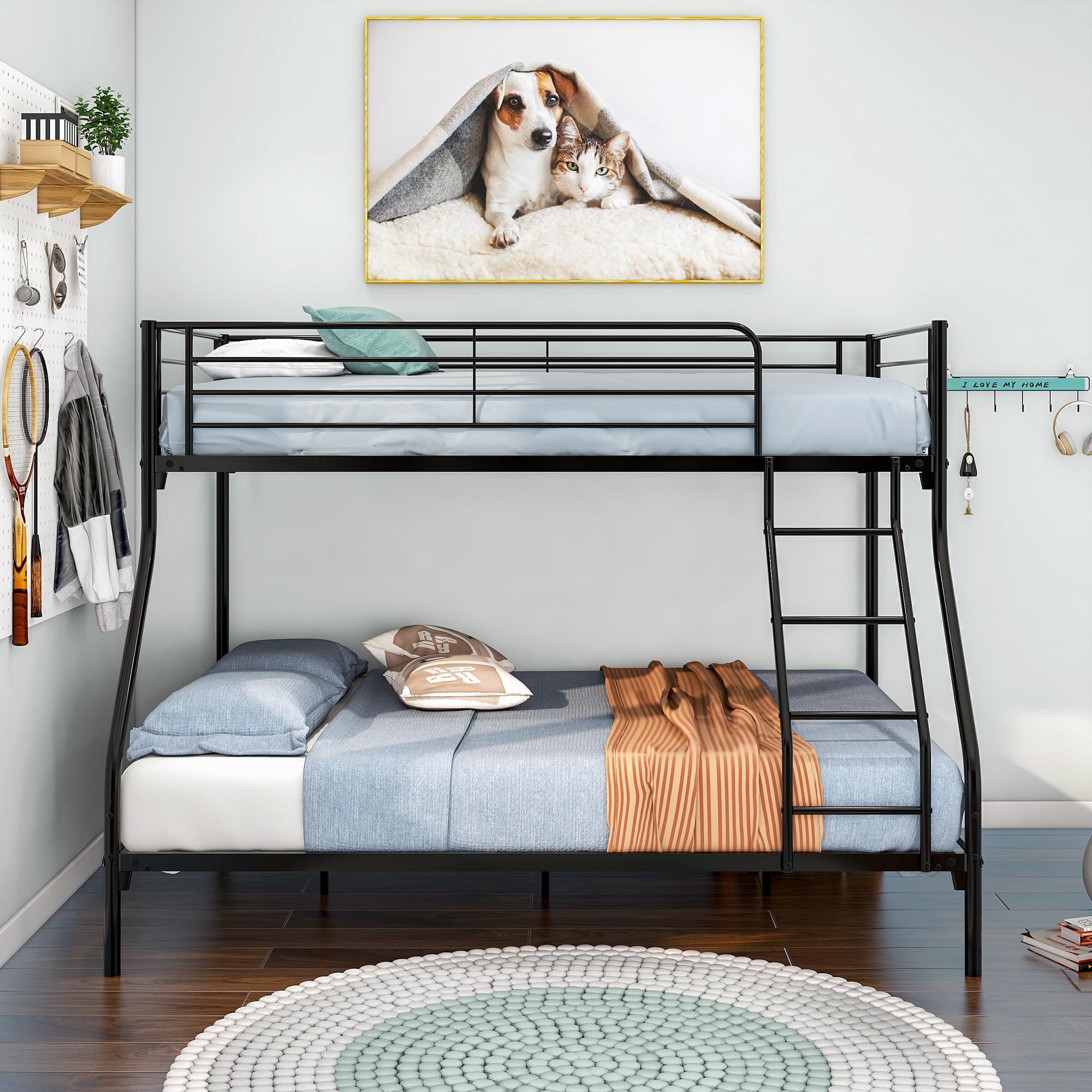 bedframe Heavy Duty Twin-Over-Full Metal Bunk Bed - Easy Assembly, Enhanced Upper-Level Guardrail for Safety, Sleek Black Finish for Stylish and Sturdy Sleeping Solution
