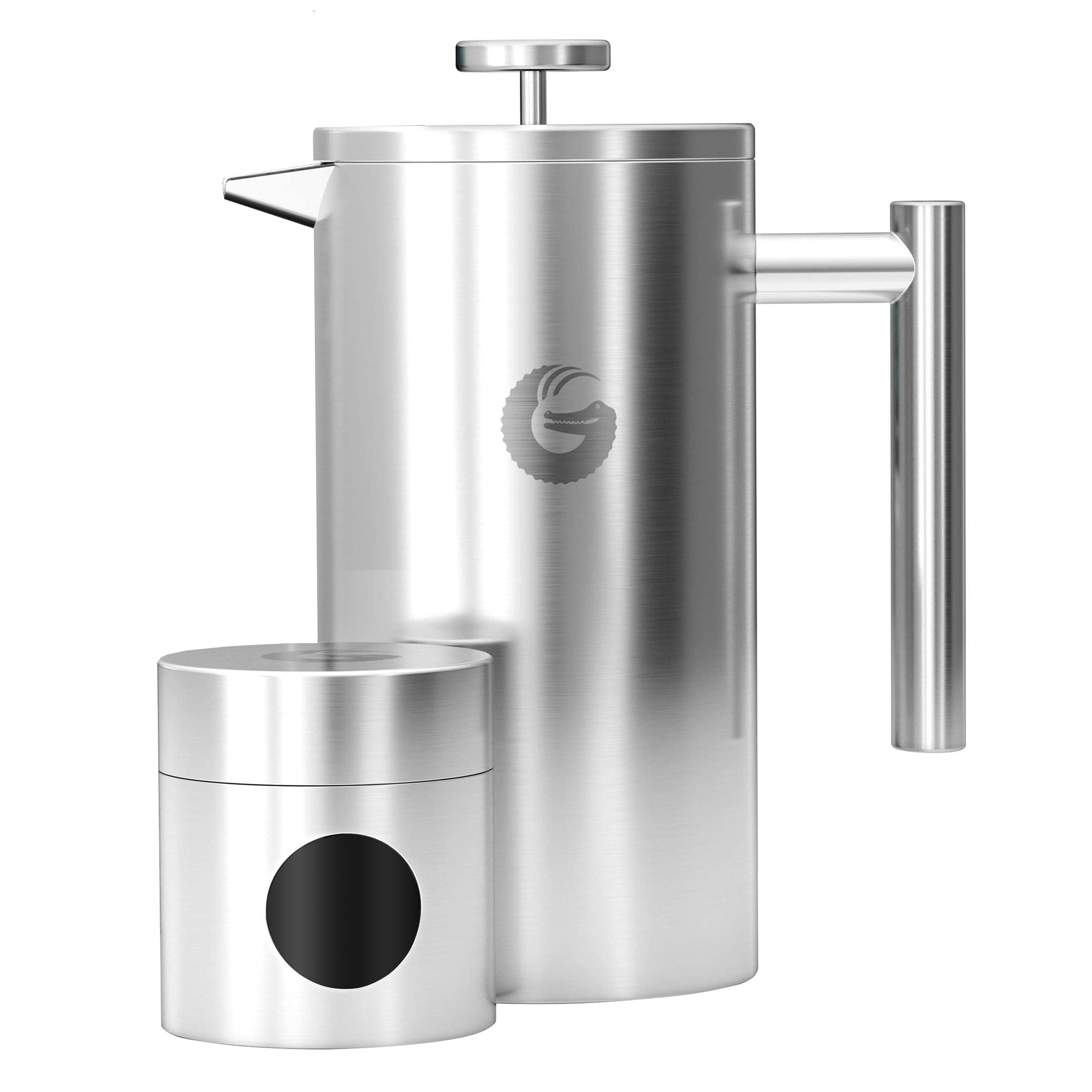 Coffee Gator Coffee Gator French Press Coffee Maker- Insulated, Stainless Steel Manual Coffee Tea Makers For Home, Camping w/Travel Canister- Presses 4 Cup Serving- Large, Silver