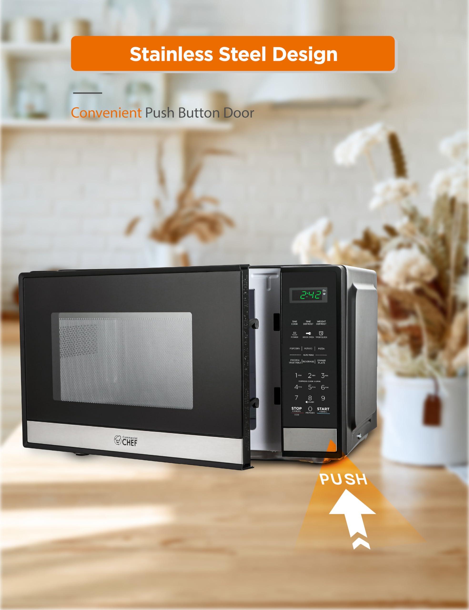 Commercial CHEF Commercial CHEF Small Microwave 0.9 Cu. Ft. Countertop Microwave with Touch Controls & Digital Display, Stainless Steel Microwave & 10 Power Levels, Outstanding Portable Microwave with Pull Handle
