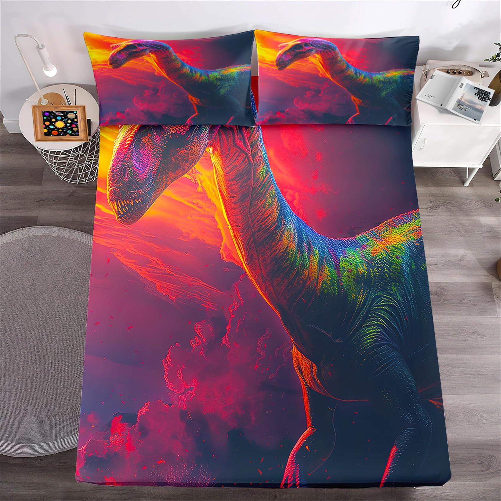 Kossmjx Dinosaur Sheet Set Queen - 4Pcs Boys Dinosaur Queen Size Bedding Set Nightfall Cartoon Dinosaur Bed Sheet with 1 Fitted Sheet & 1 Flat Sheet + 2 Pillowcases Toddler Bed Sheets for Boys Kids Bedroom