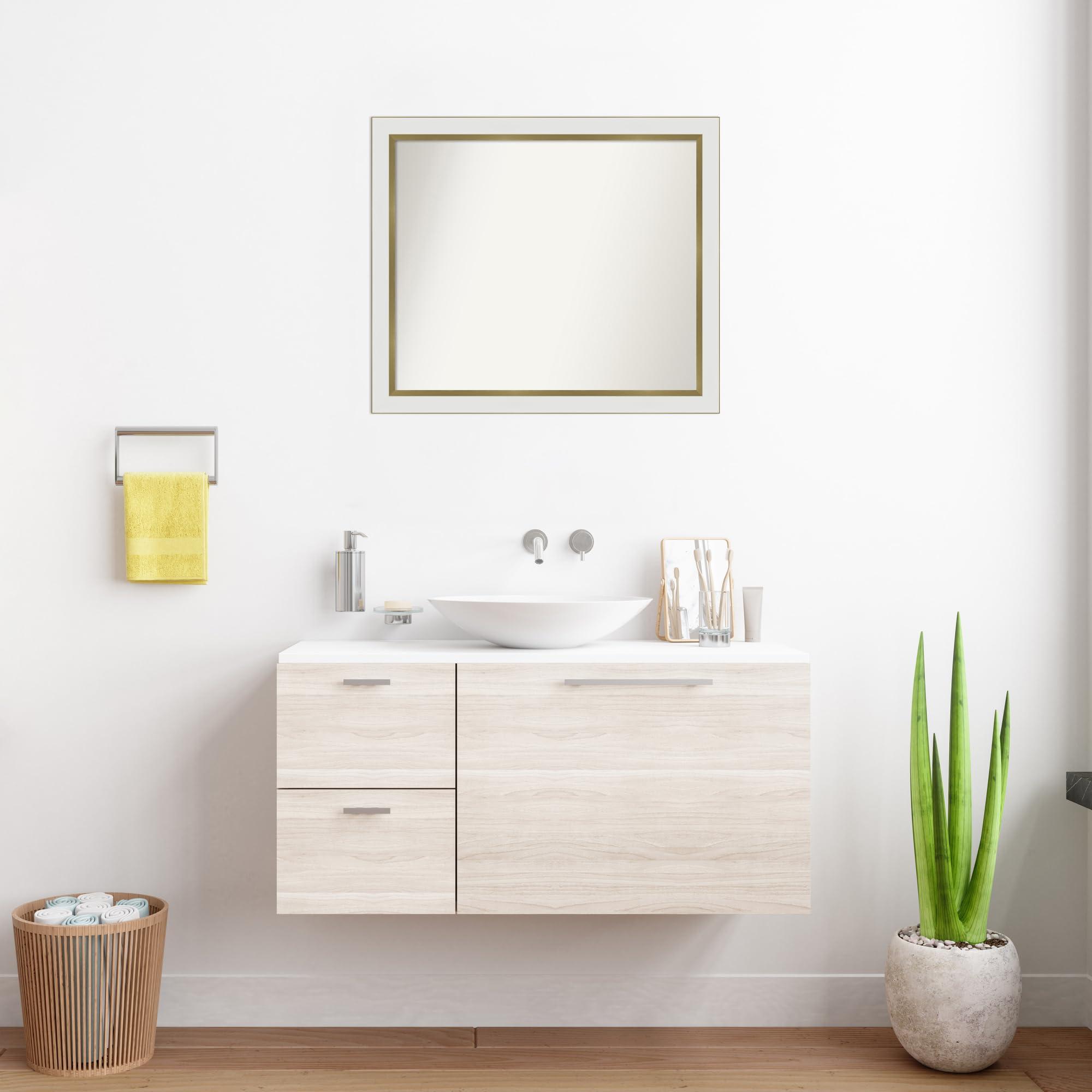 Amanti Art Amanti Art White Bathroom Mirror for Over Sink, 23x27 Custom Made Eva White Gold Narrow Rectangle Vanity Mirror, Medium Modern Wood Frame, Hangs Horizonally and Vertically, Wall Decor from WI, USA