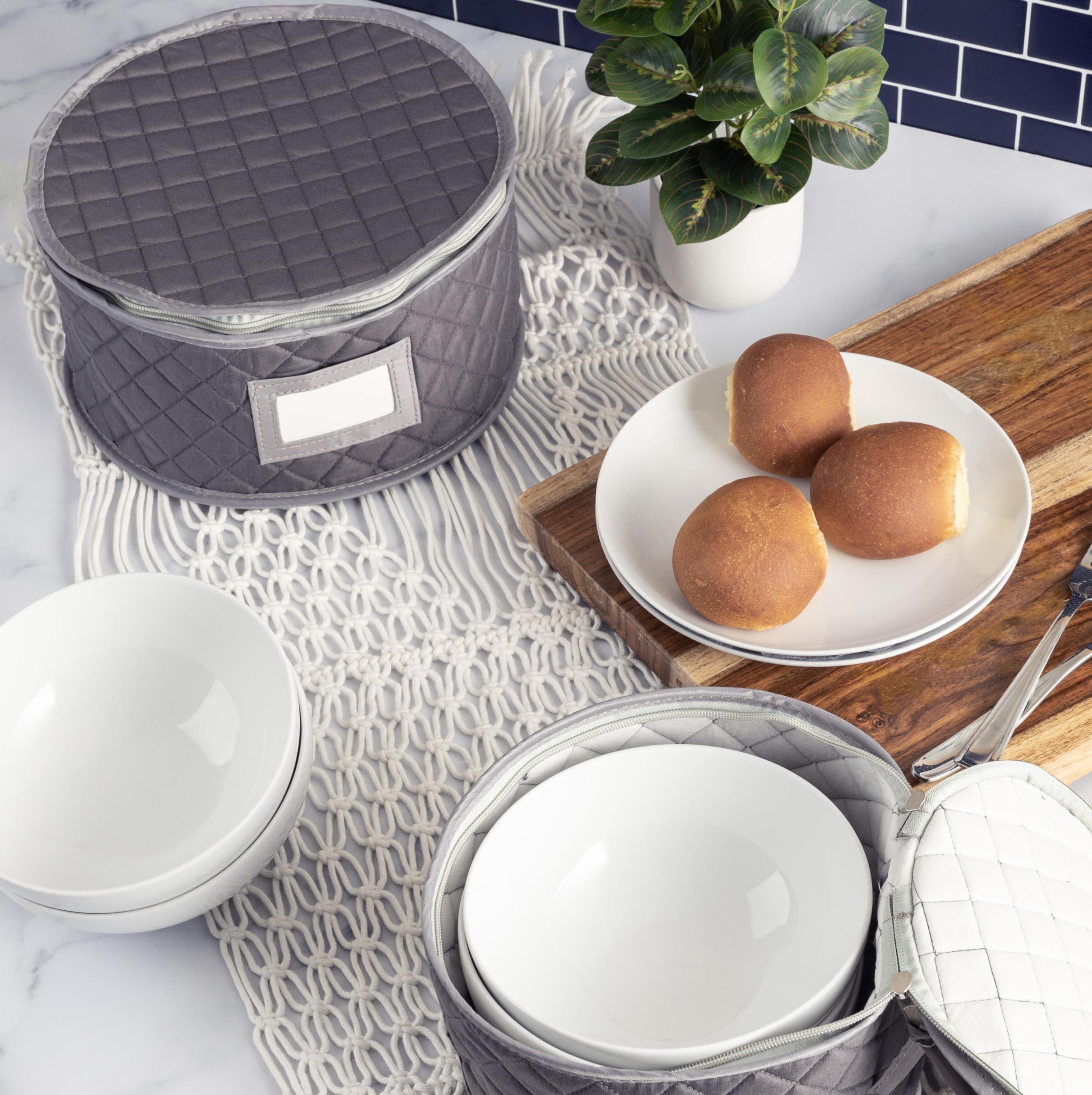 Stack Store Plus More Fine China Storage - Set of 4 Quilted Cases for Dinnerware Storage. Sizes: 12" - 10" - 8" and 7" Wide - Gray - 48 Felt Plate Separators Included