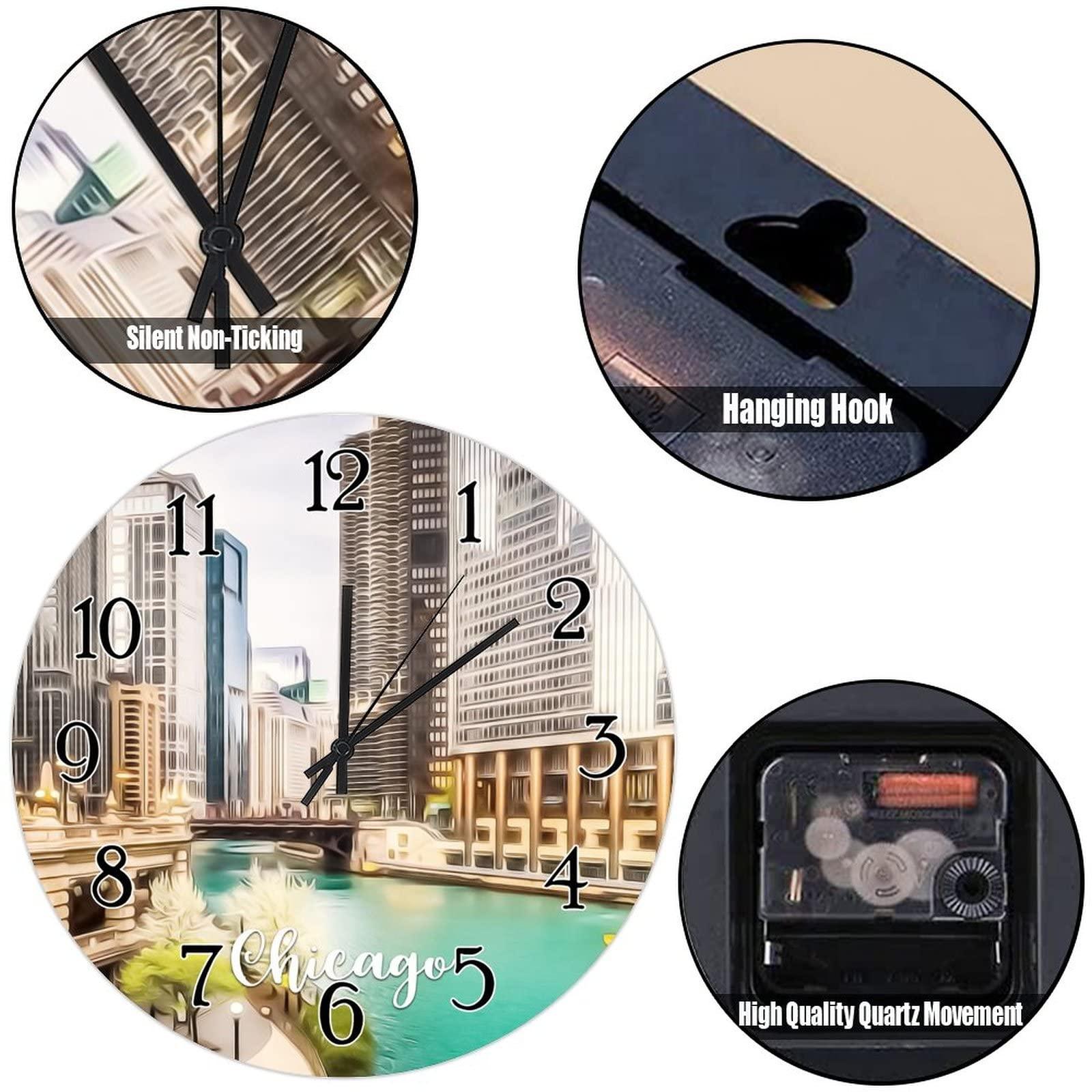Generic Hanging Wall Clock USA City Chicago Wall Clock Silent Non-Ticking Wall Clocks American Cities in Illinois States Round Clocks City Souvenir Clocks for Home Office 15inch
