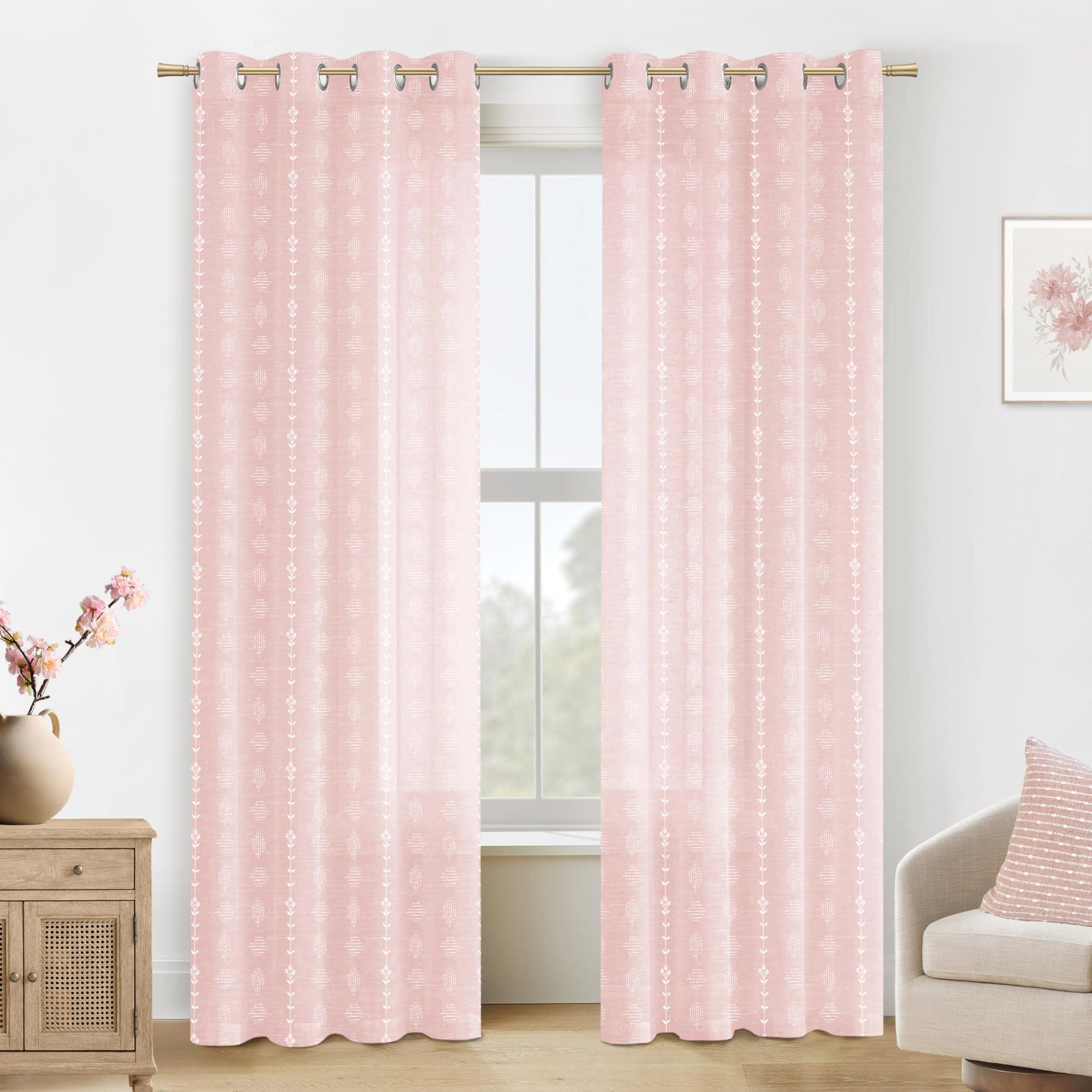 Lino Rosa Pink Curtains 2 Panels,Sheer Floral Linen Boho Blush Curtains for Bedroom Living Room 84 Inches Long